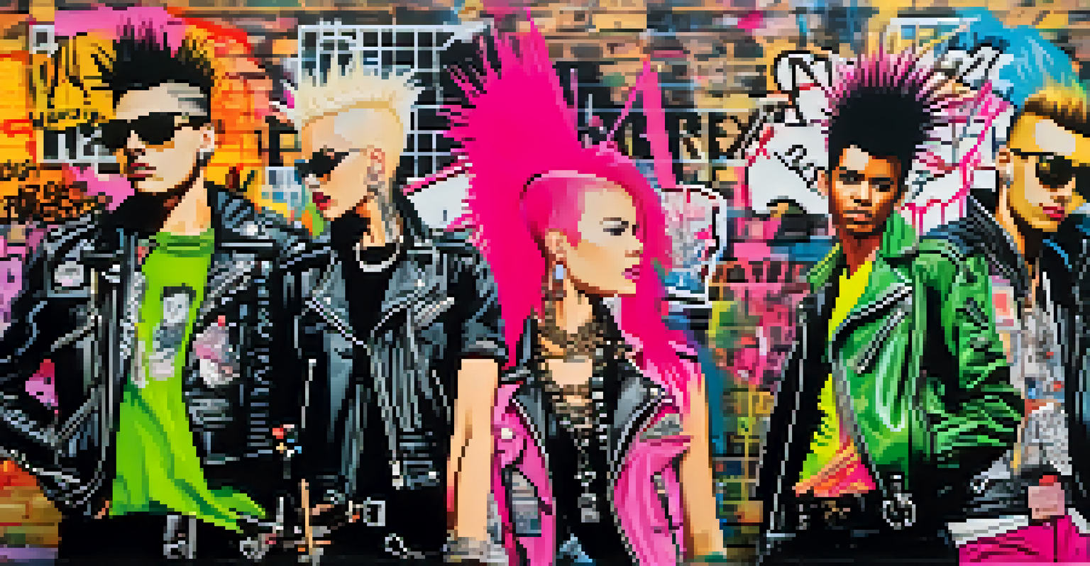 A collage of punk fashion elements including spiked hair and leather jackets against a backdrop of graffiti art and posters.