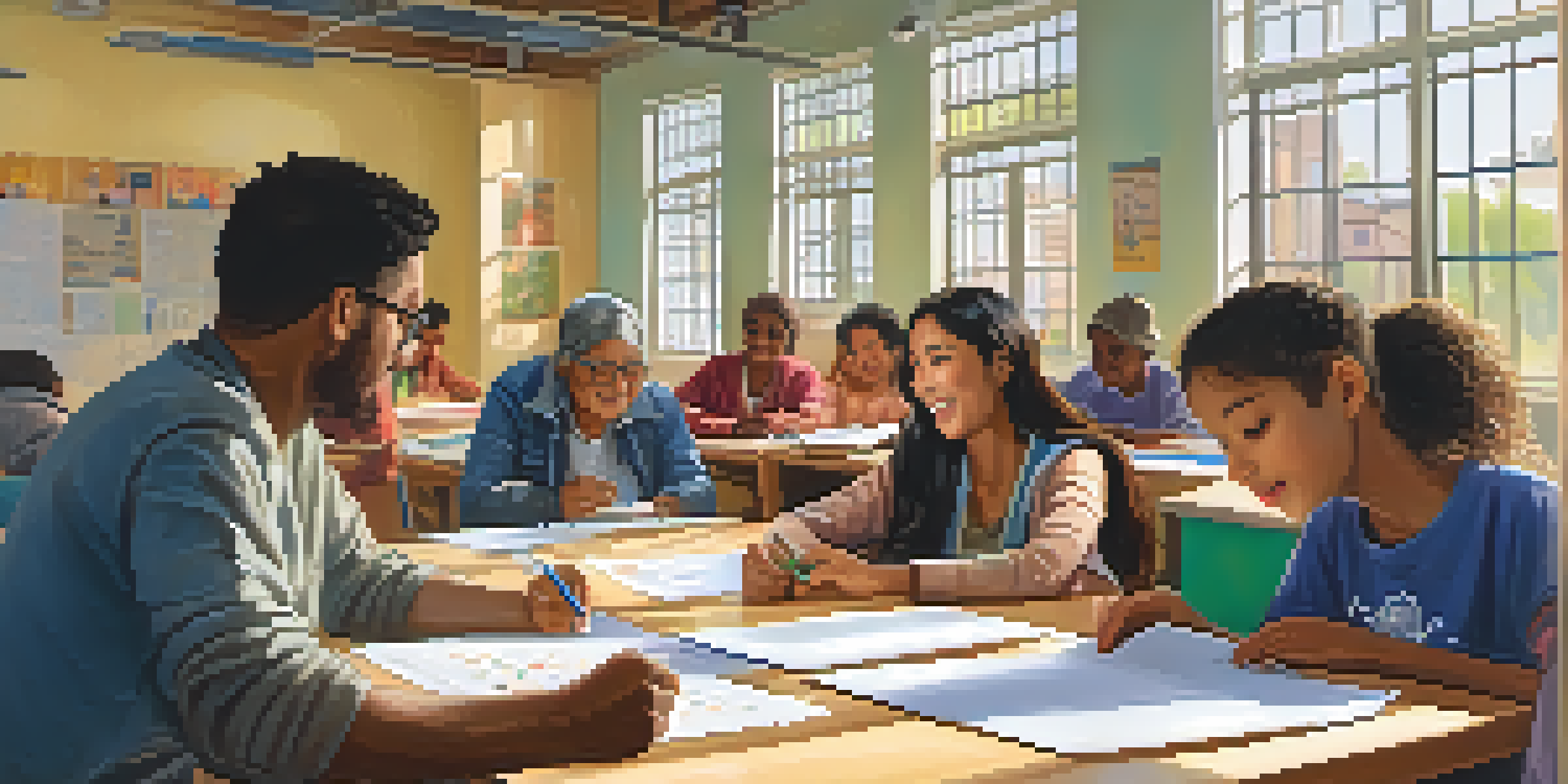 A diverse group of immigrants participating in an ESL class in a bright community center, with an engaging instructor and educational materials around.