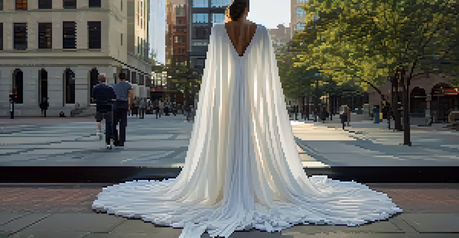 A white dress installation symbolizing gun violence victims, surrounded by onlookers in a public space, illuminated by soft lighting.