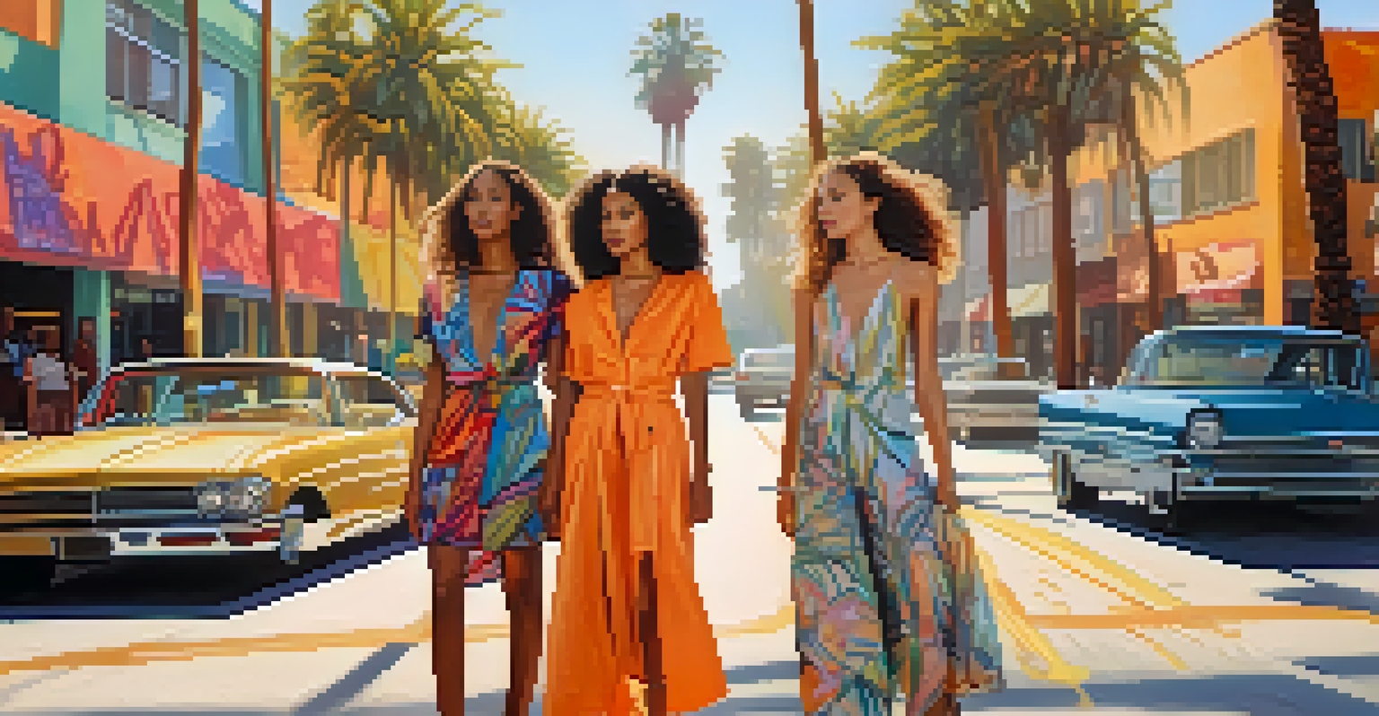 A lively street in Los Angeles with models showcasing eco-friendly fashion against palm trees and murals.