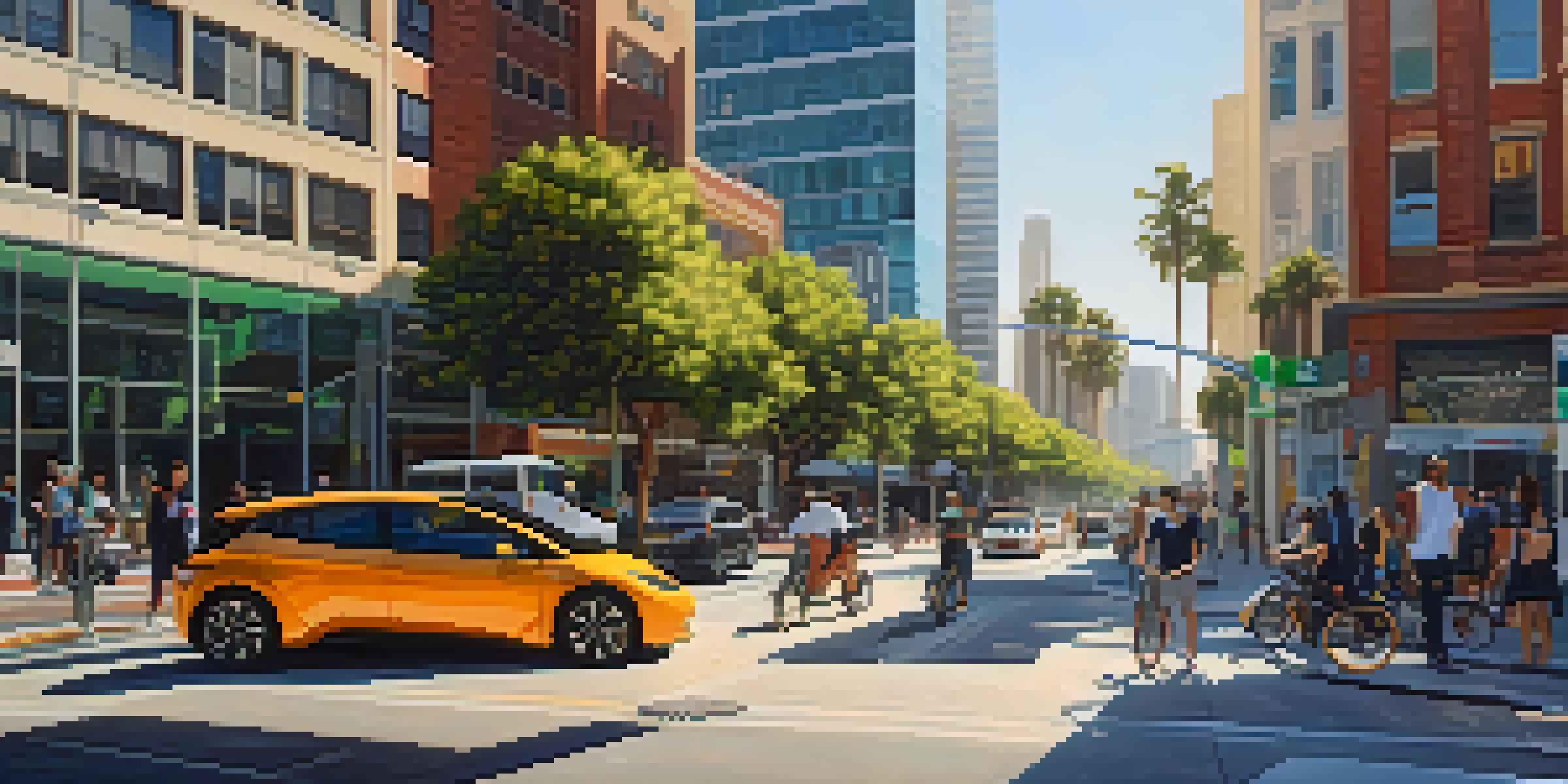 A lively street in Los Angeles with modern buildings, solar panels, and parked electric scooters under bright sunlight.