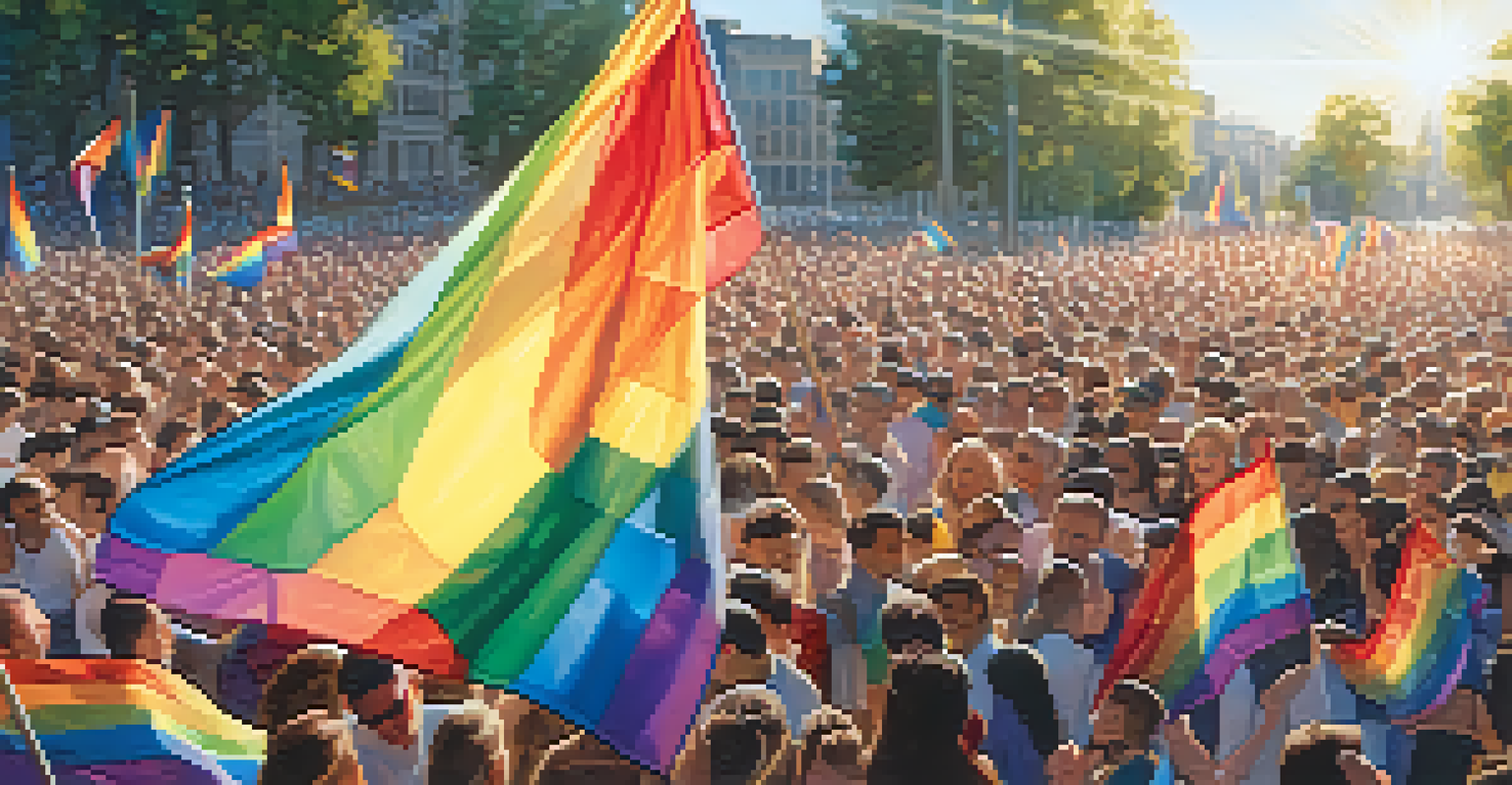 A close-up of a rainbow flag waving in the wind with sunlight creating a prism effect, symbolizing LGBTQ+ pride.