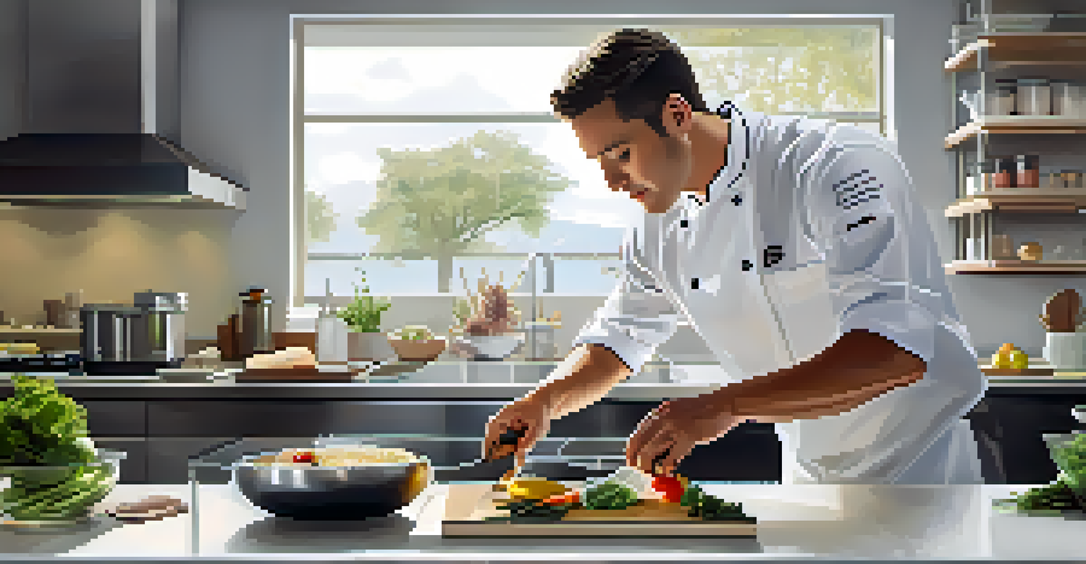 A modern kitchen where a chef uses a sous-vide machine to prepare a gourmet dish, showcasing advanced cooking technology.