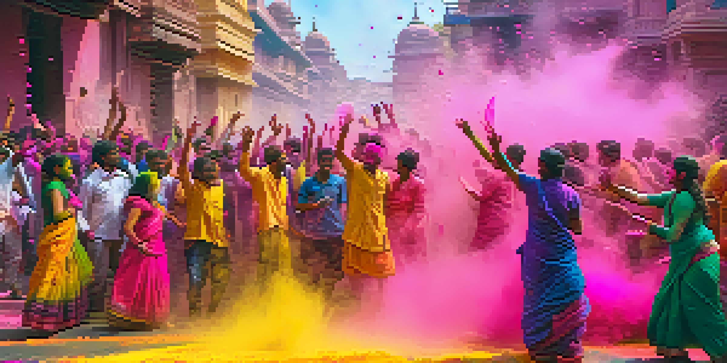A lively street scene during the Holi Festival with people throwing colorful powders, surrounded by historic buildings and a bright atmosphere.