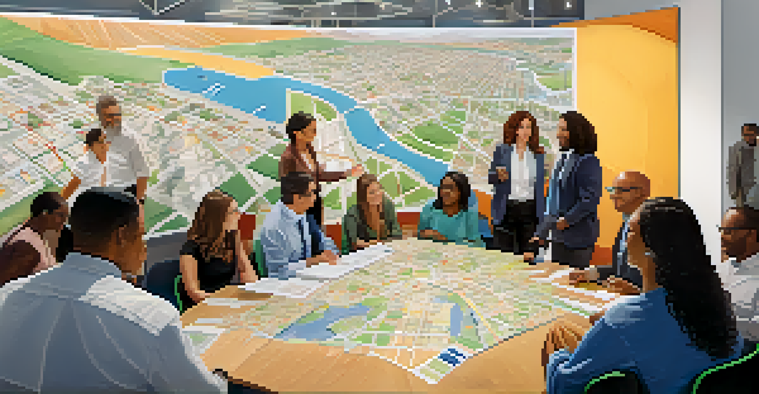 An urban planning meeting in Los Angeles with planners and community members discussing housing initiatives using maps and charts.