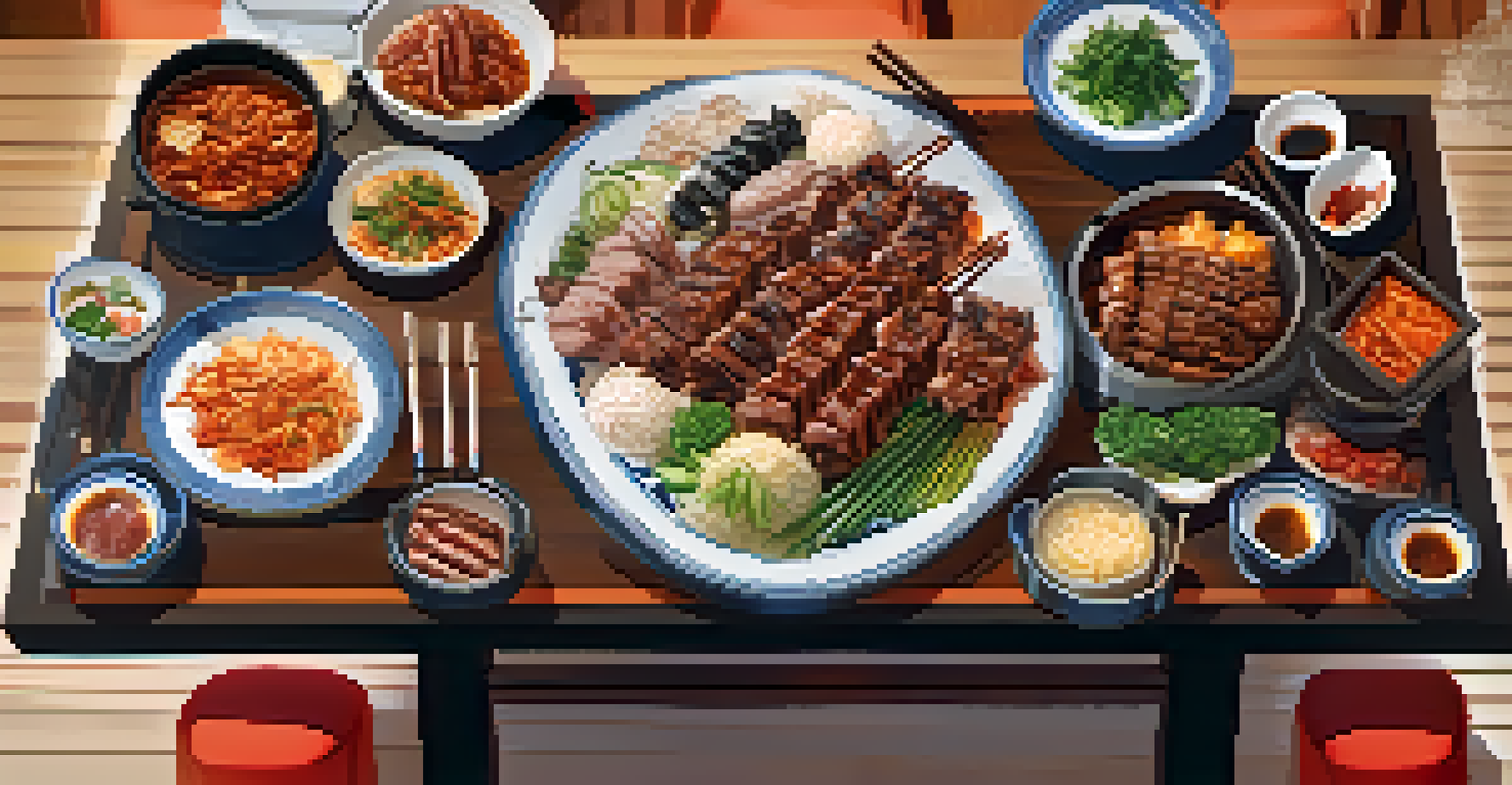 A communal dining table set for Korean BBQ with sizzling meats, vibrant side dishes, and warm lighting in a cozy restaurant.