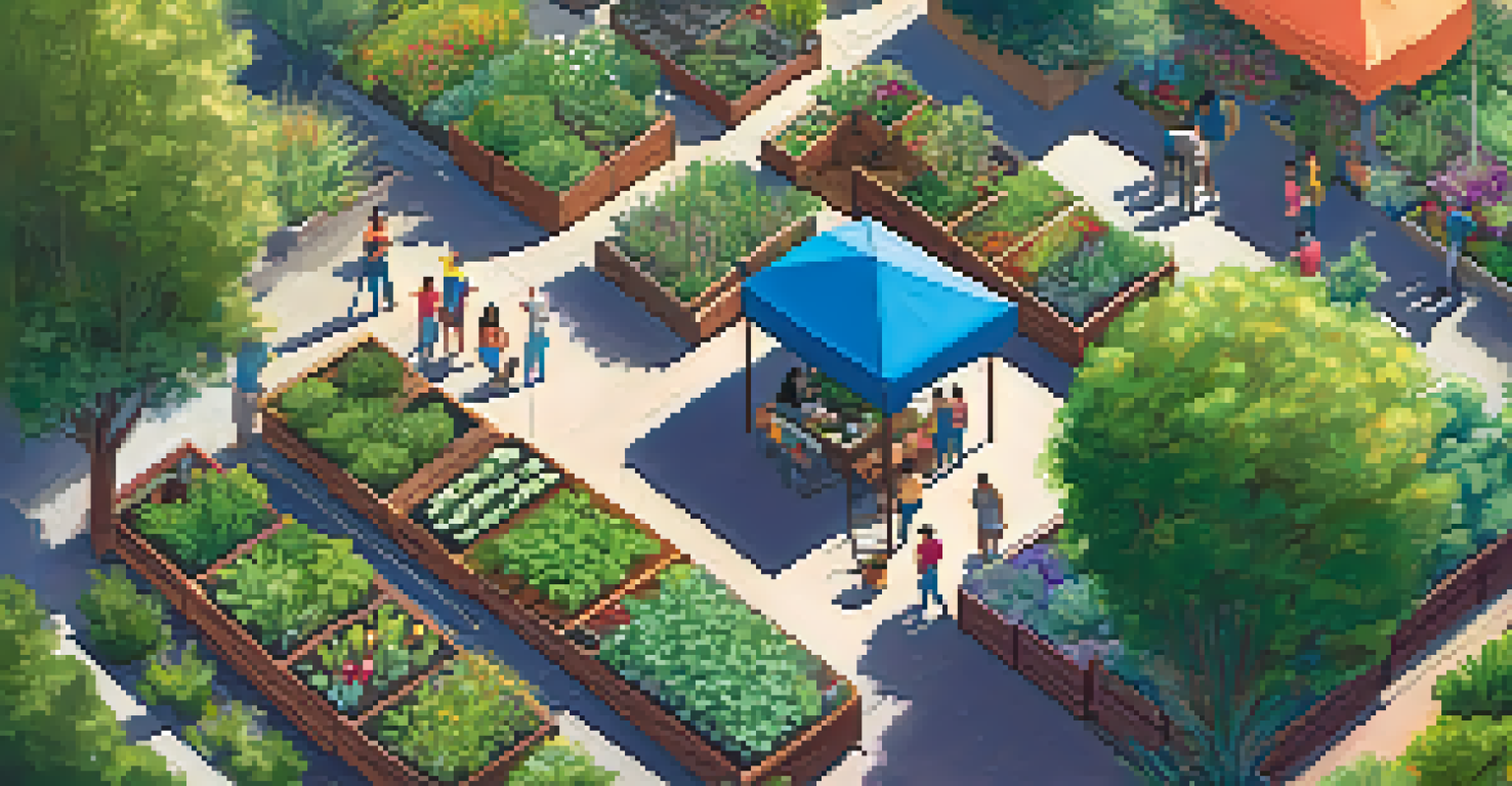 An overhead view of a community garden in Los Angeles, with residents gardening among vibrant plants and vegetables under the afternoon sun.