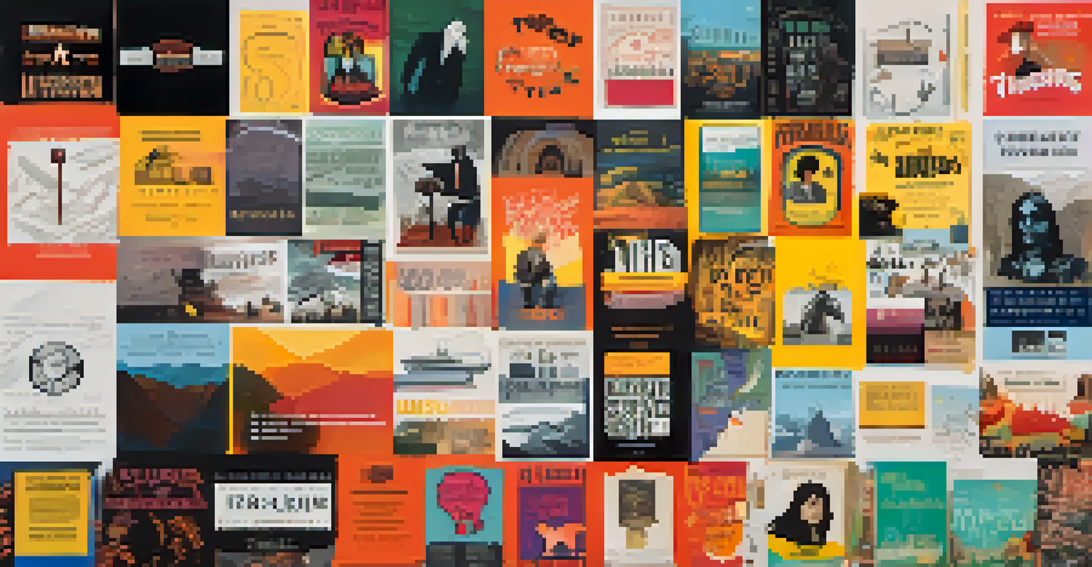 A colorful collage of podcast themes, including true crime, indie music, and local history, each represented by unique and thematic illustrations.