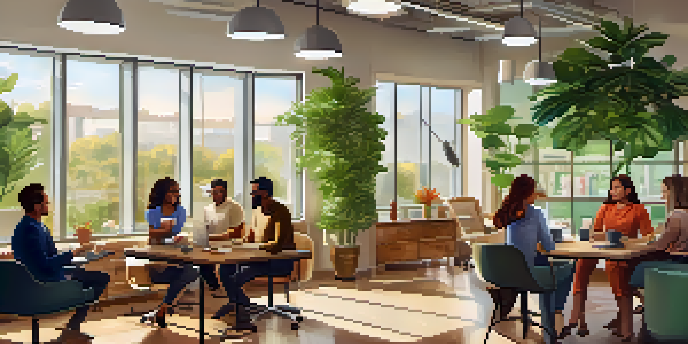 A bright and inviting office environment where diverse employees are having a friendly coffee chat, surrounded by plants and natural light.