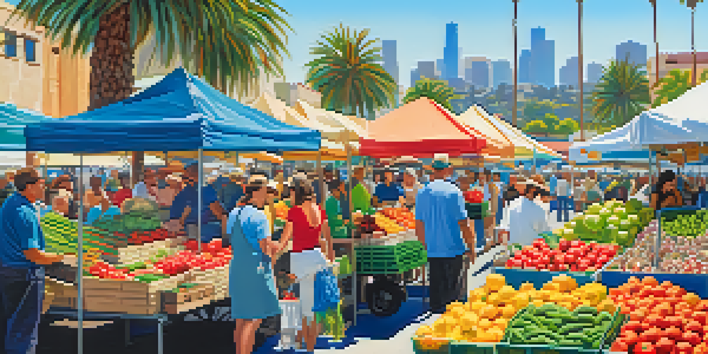 A busy farmers market with colorful stalls of fresh fruits and vegetables, people shopping, palm trees, and a clear blue sky.