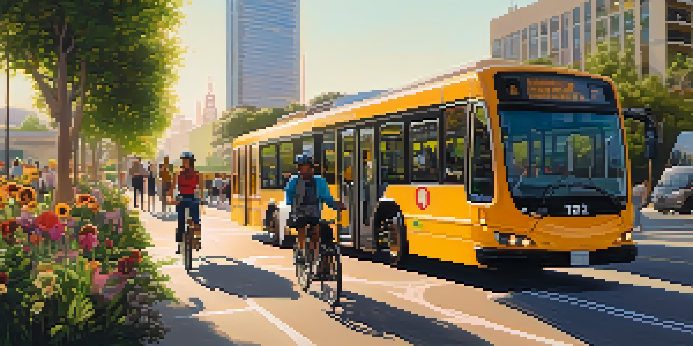 A futuristic public transit hub in Los Angeles with electric buses and green spaces, set during sunset.