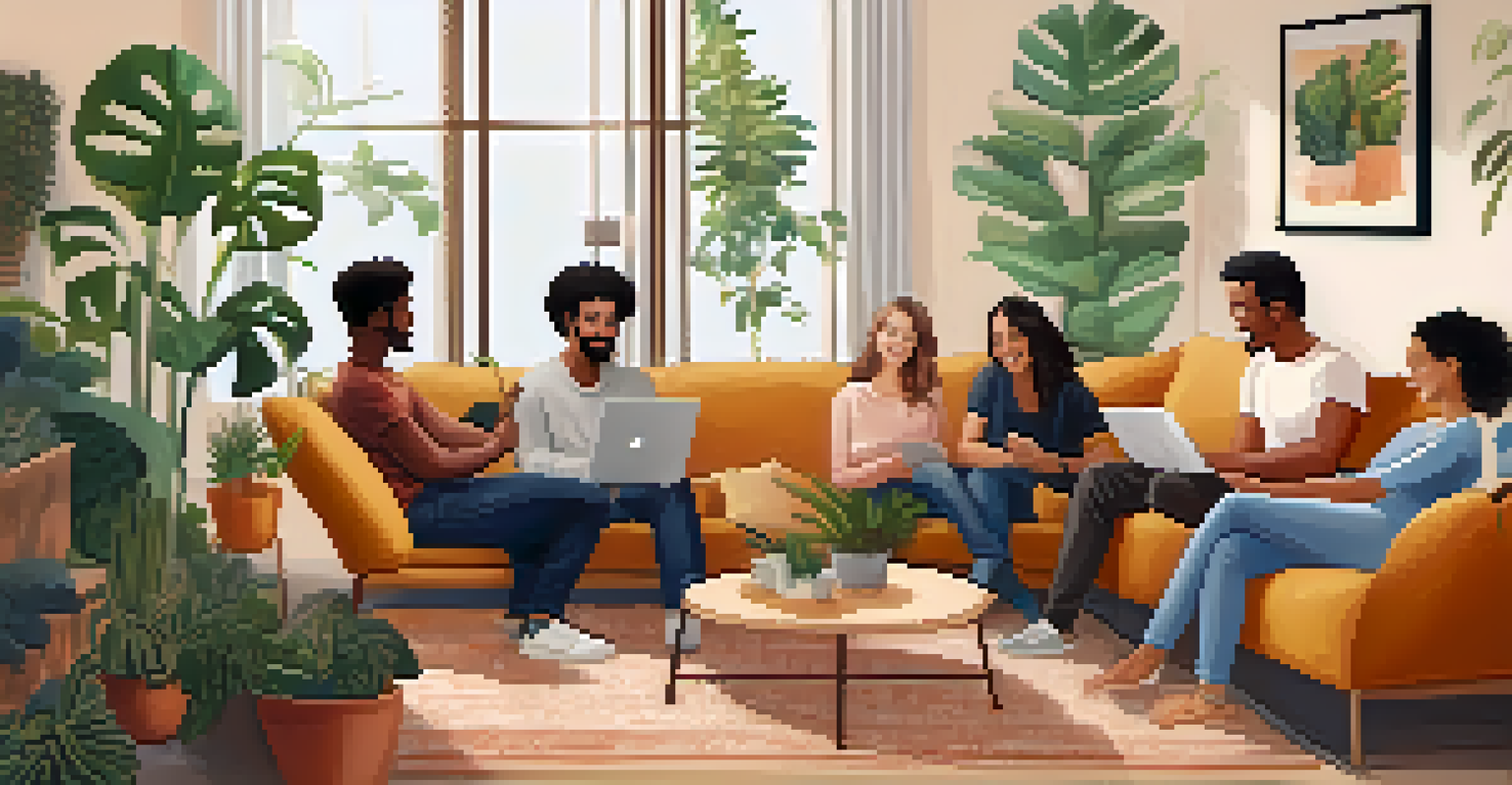 A diverse group of individuals in a video chat, sharing experiences in a warm and inviting atmosphere.
