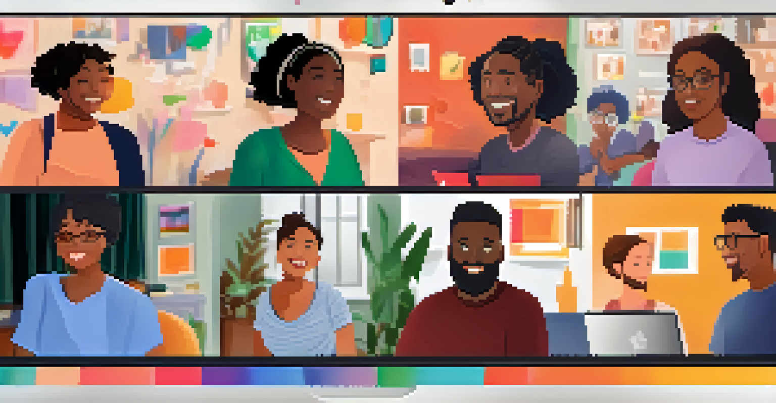 A virtual therapy group displayed on a computer screen, showing diverse participants in their home environments, engaged in conversation.
