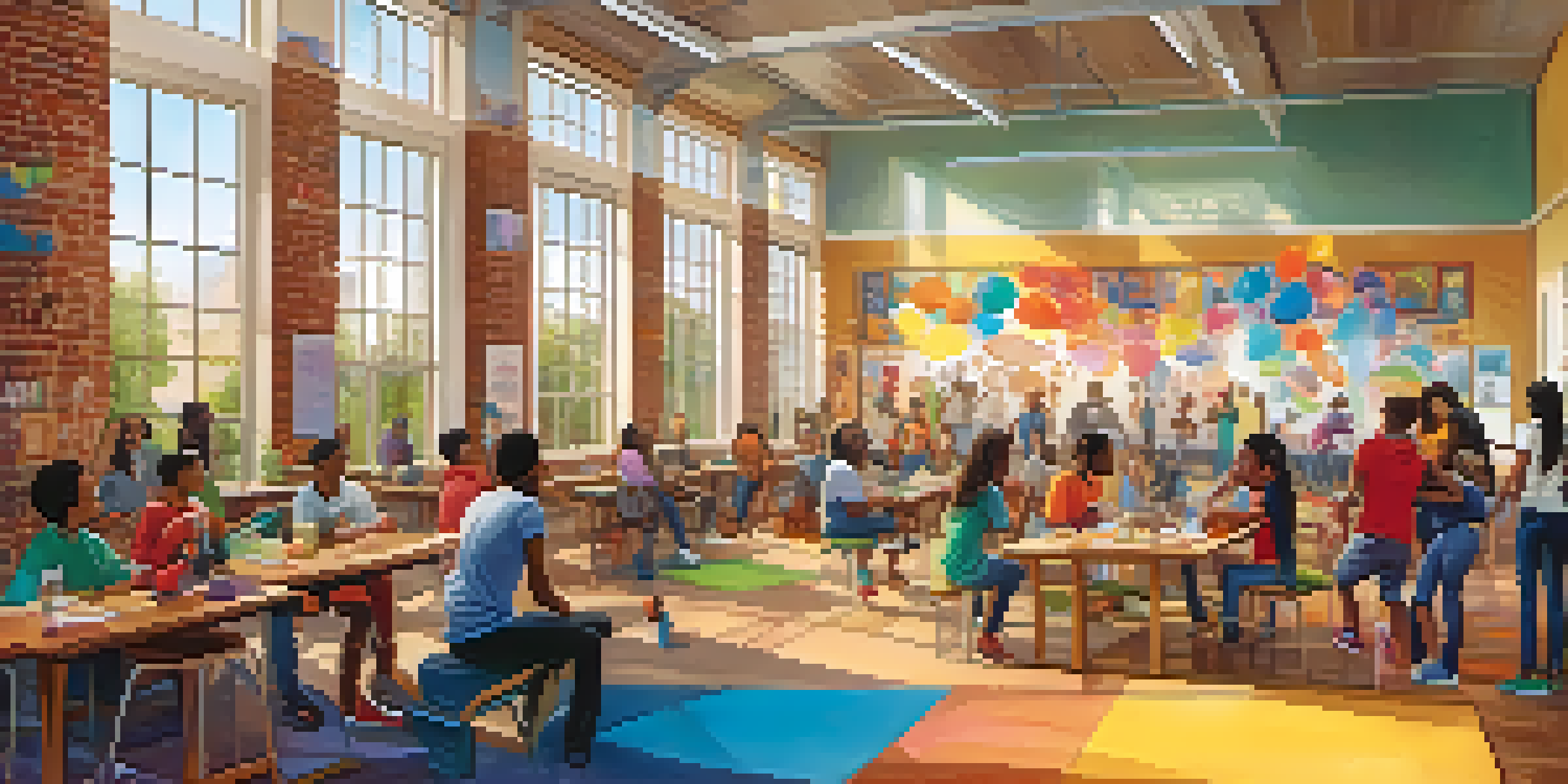 A lively community center with young people participating in art, sports, and discussions, showcasing a bright and engaging environment.