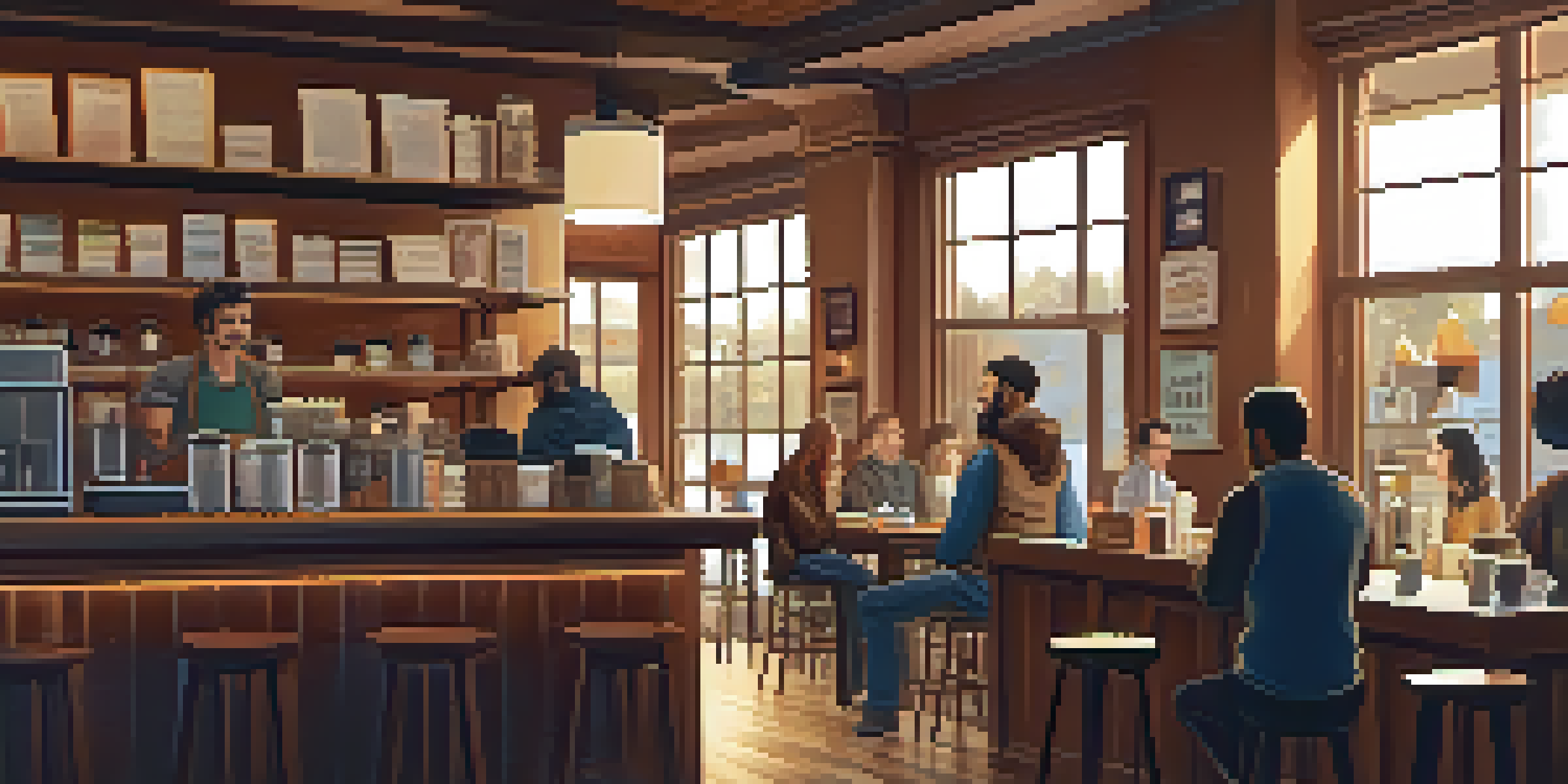 A warm and inviting local coffee shop with a barista making latte art, surrounded by books and customers enjoying their time together.