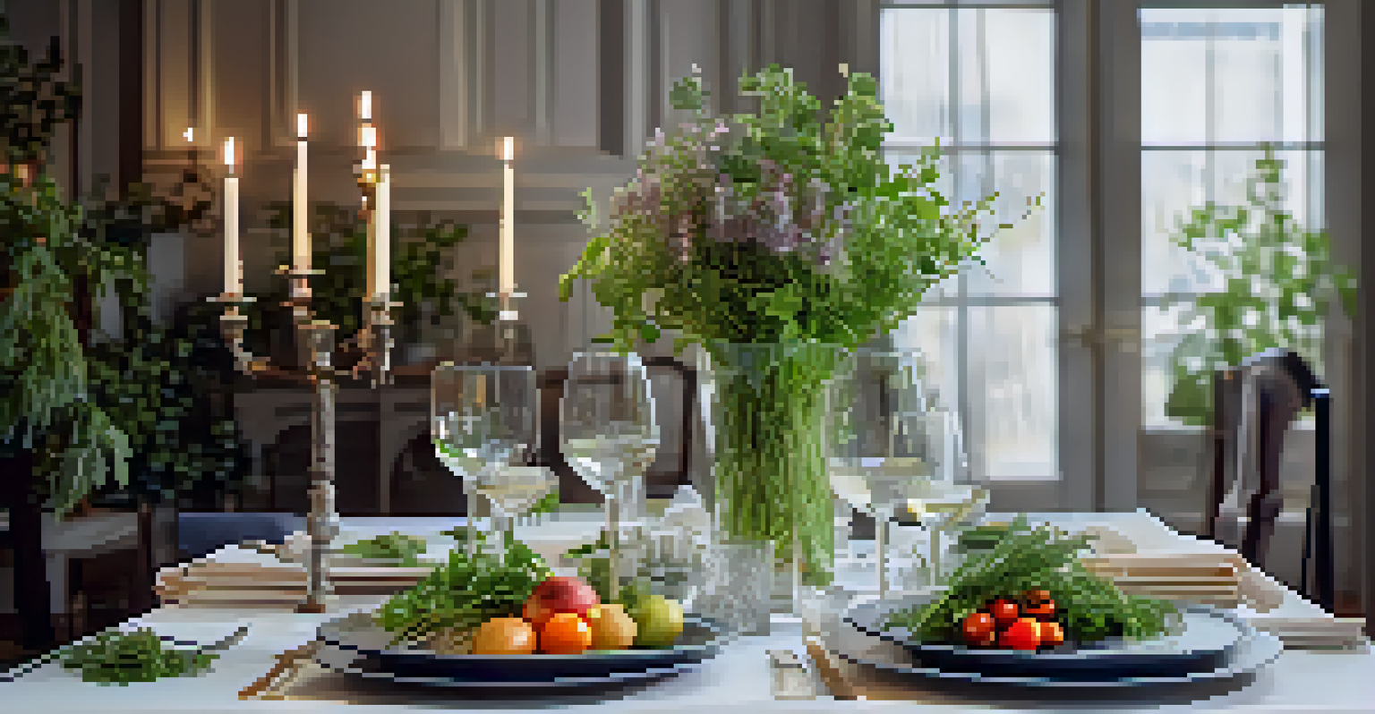 An elegantly set dining table featuring gourmet plant-based dishes, fresh herbs, and seasonal flowers, illuminated by soft candlelight.