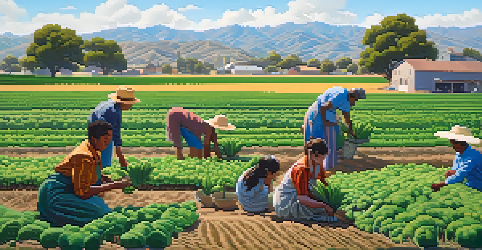 A community farm in Los Angeles with lush green crops, blue sky, and diverse individuals planting and tending to the farm.