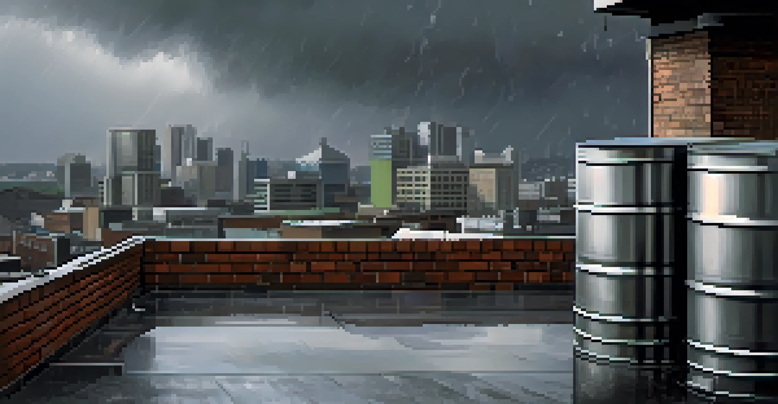 A city skyline in a rainstorm, featuring a rooftop rainwater harvesting system with collection barrels and downspouts.