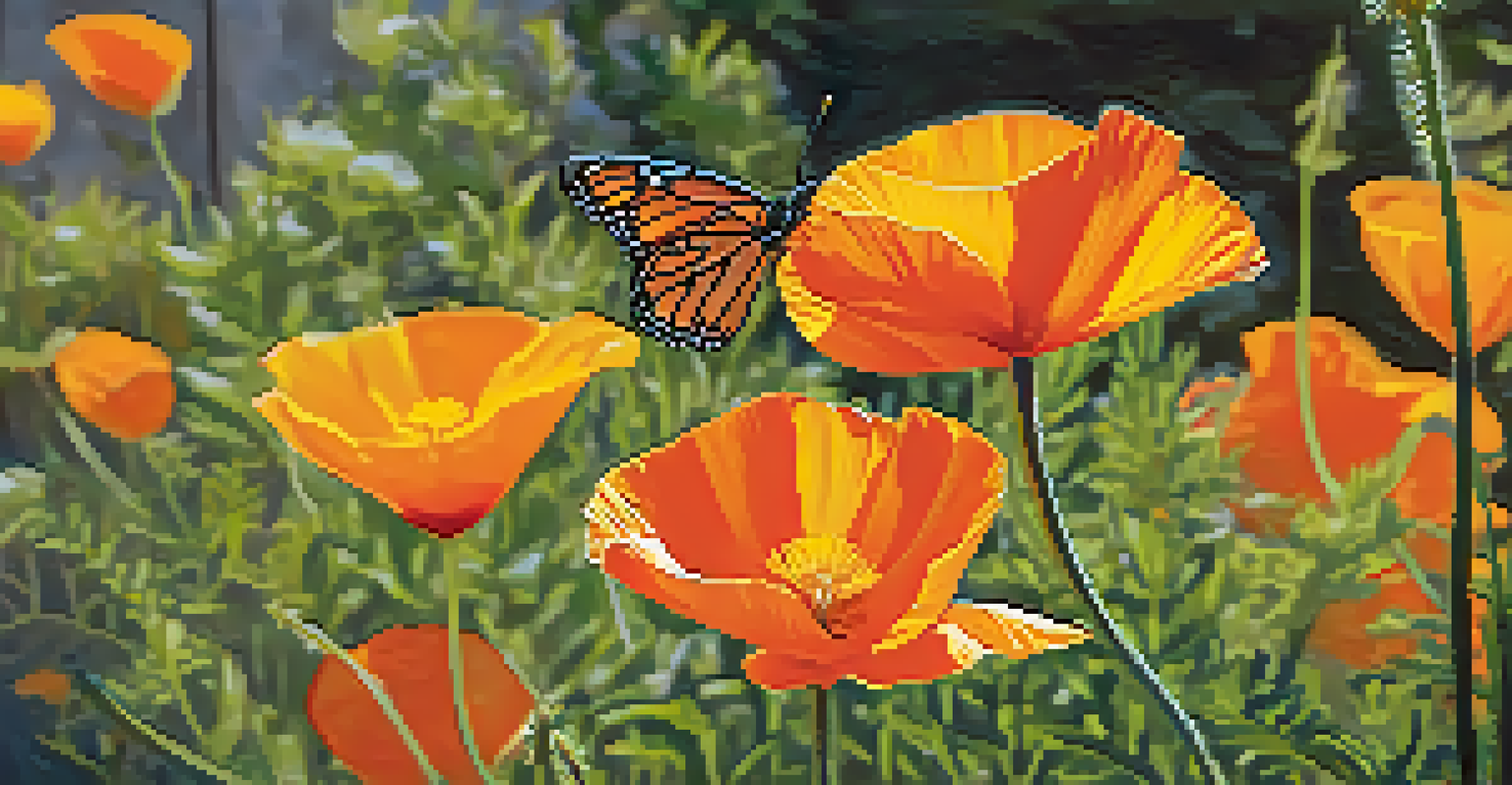 A close-up of a California poppy flower in a native plant garden, with bees and butterflies present.