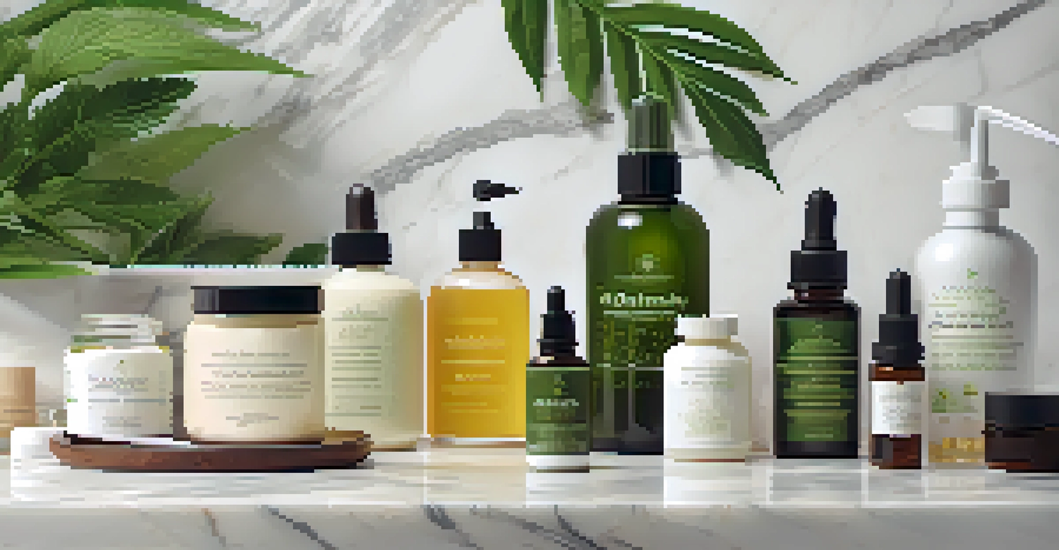 An assortment of CBD products on a marble countertop with plants in the background.