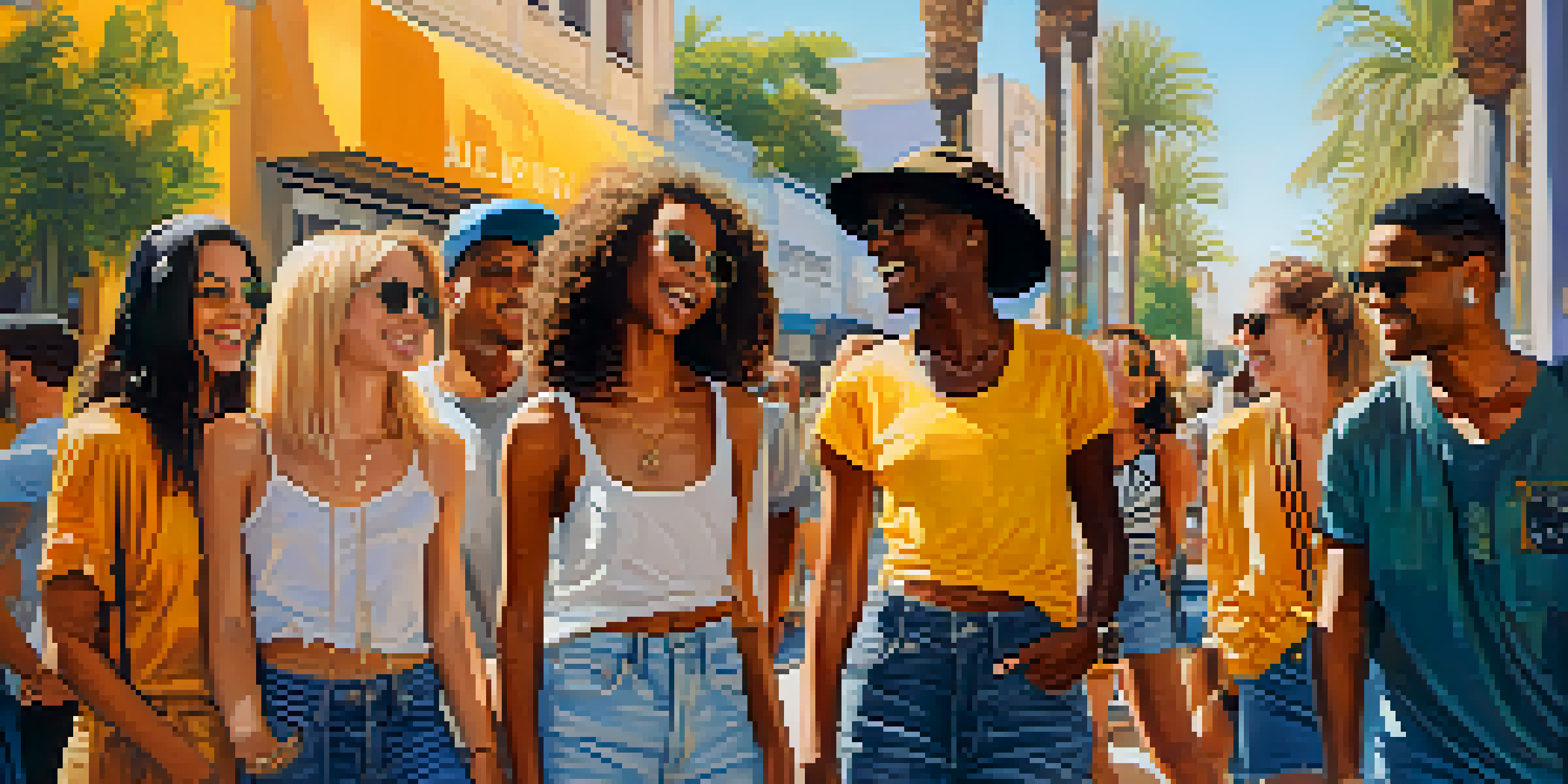 A lively street scene in Los Angeles with diverse people wearing trendy streetwear against a colorful mural.