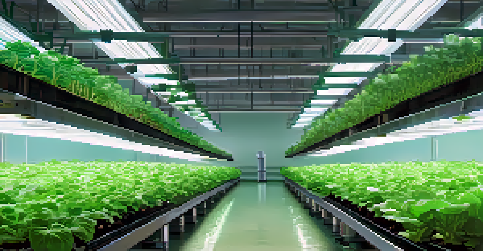 An indoor hydroponic farm showcasing rows of green plants growing in water, illuminated by soft lighting and equipped with technology.