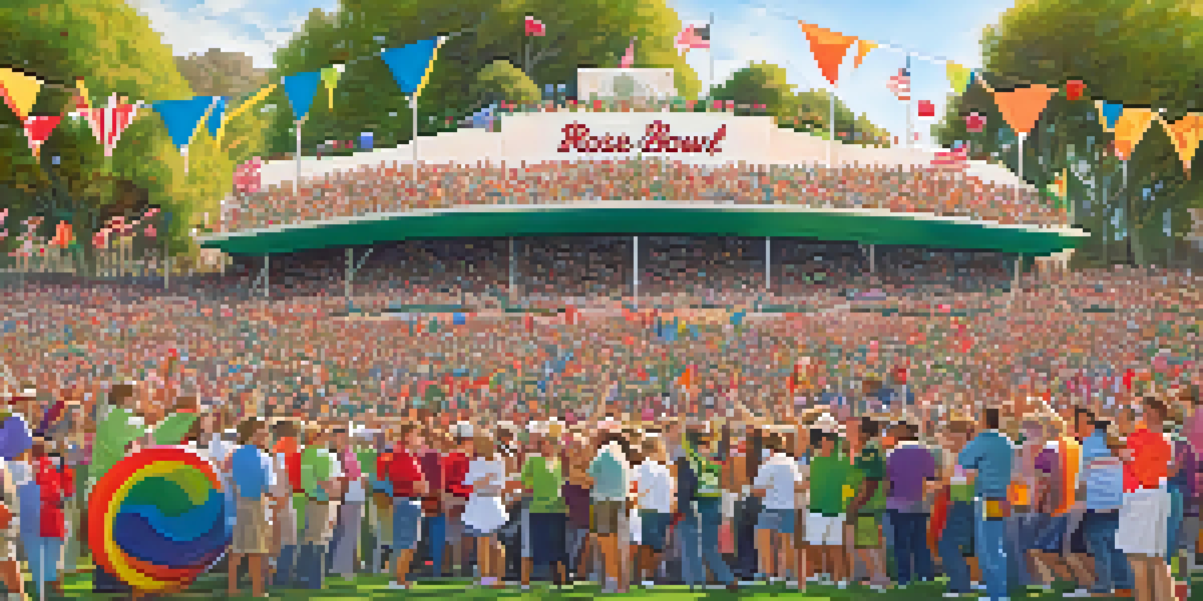 A lively crowd at the Rose Bowl, with fans in team colors and decorated floats in the background, under a sunny sky.