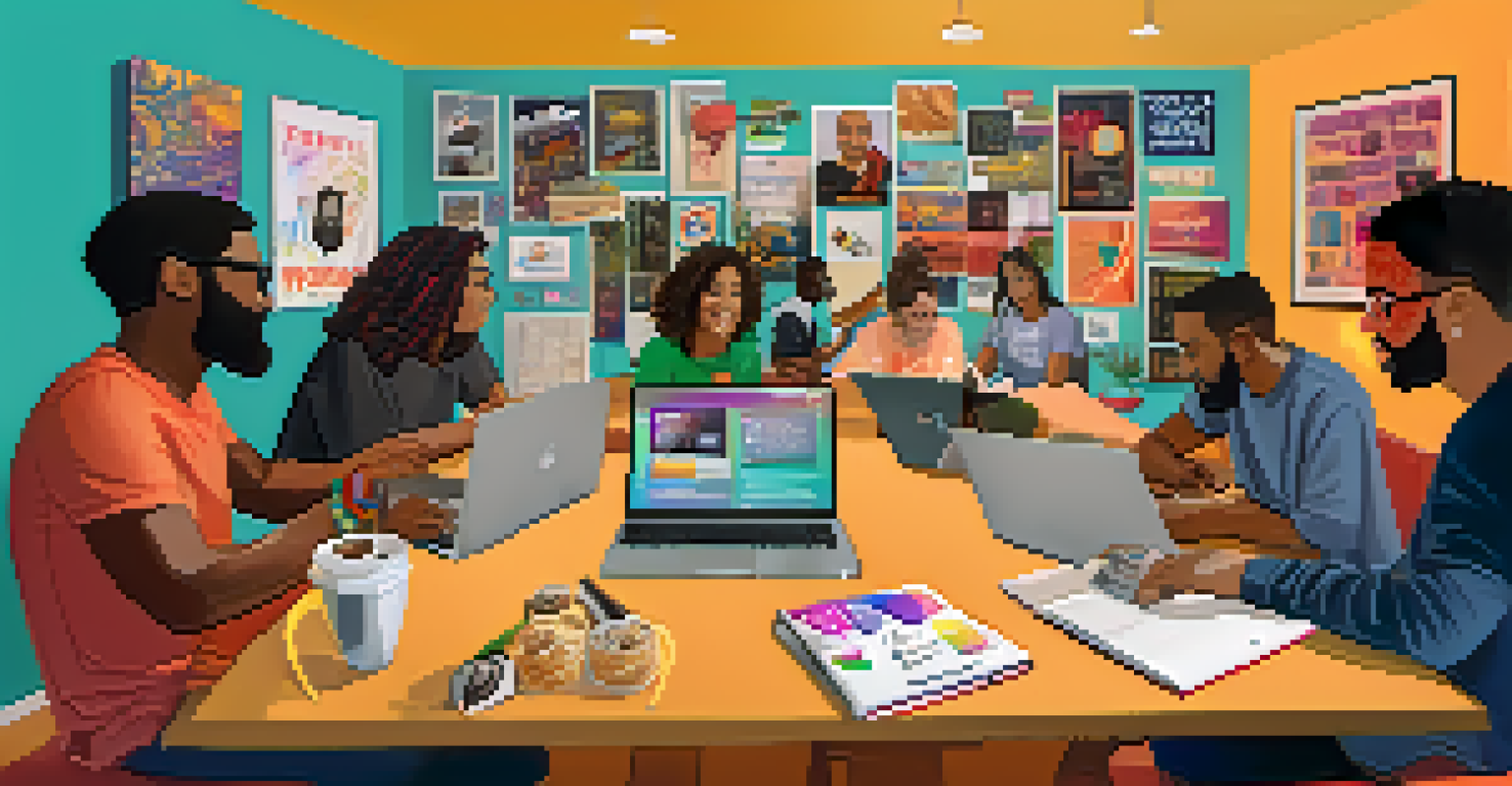 A diverse group of podcast creators brainstorming together in a colorful and inspiring space, with notebooks and laptops.