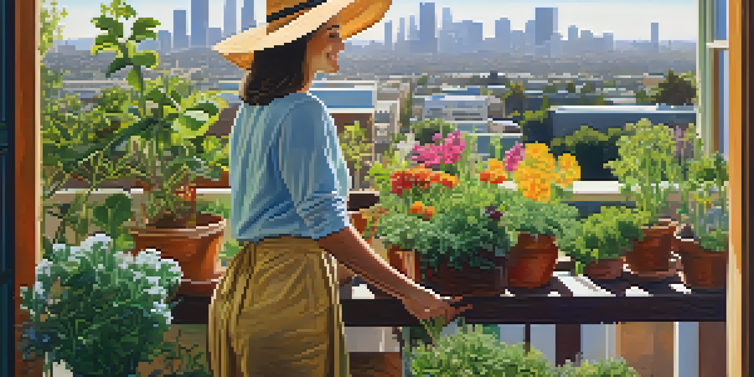 A person tending to a colorful urban garden on a balcony in Los Angeles, surrounded by flowers and vegetables, with the city skyline in the background.