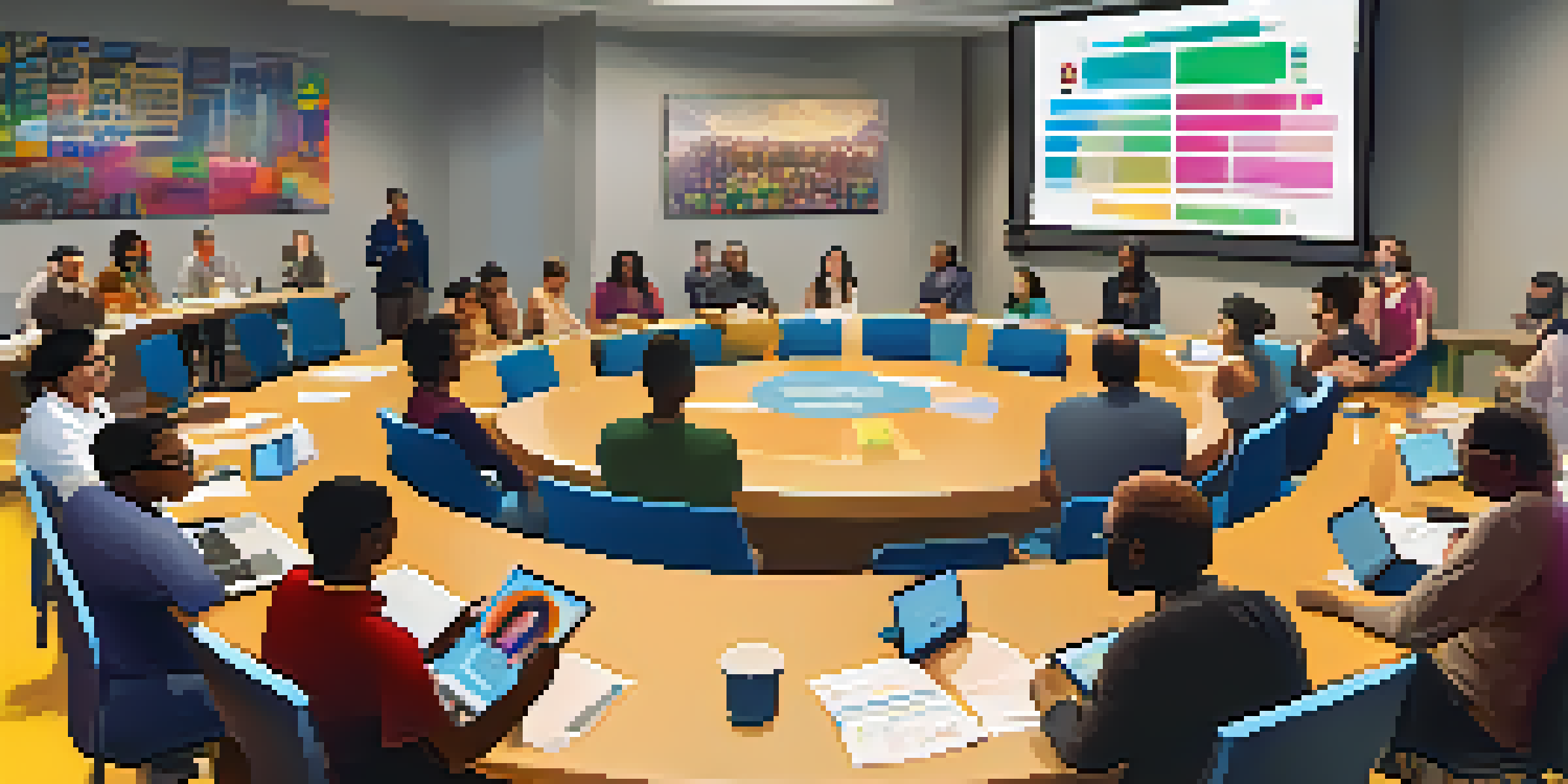 A diverse group of citizens engaged in discussions at a community forum, with digital tools displayed on a screen.
