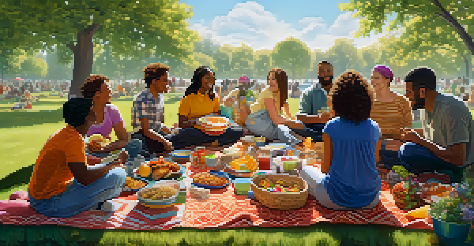 A joyful potluck picnic in a sunny park with diverse individuals sharing a variety of cultural dishes on a colorful blanket.