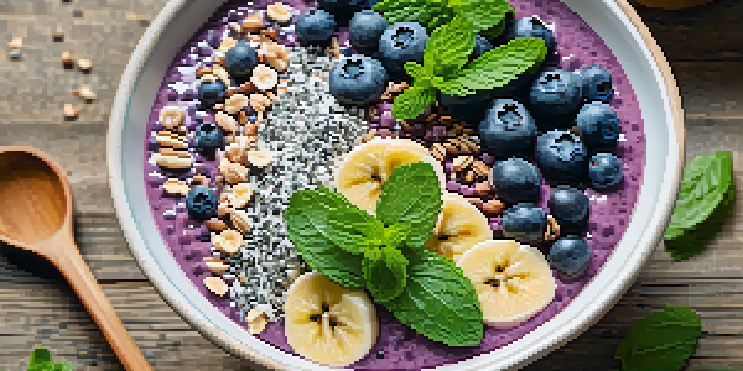 A colorful smoothie bowl filled with blueberries, bananas, chia seeds, and coconut, with a wooden spoon beside it on a rustic table.