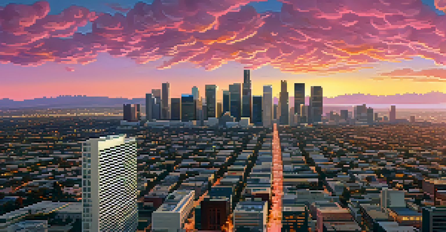 Aerial view of Los Angeles at sunset, showcasing skyscrapers, co-working spaces, and bustling streets filled with people.