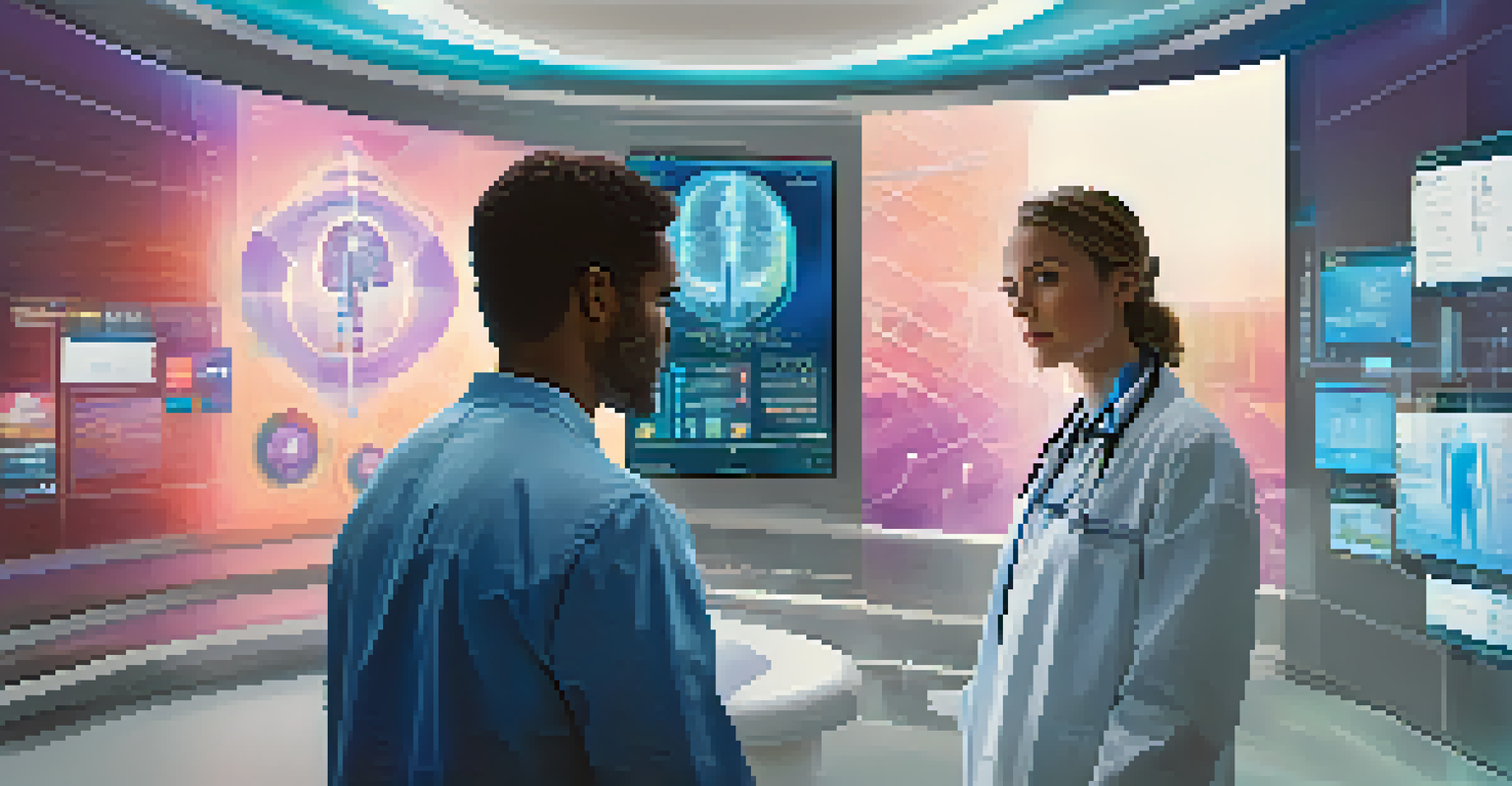 A doctor using a holographic interface displaying AI health data in a modern hospital setting in Los Angeles.