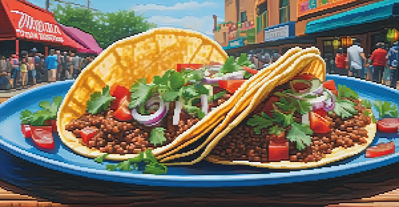 A close-up of colorful Mexican tacos on a rustic table with a blurred street festival in the background.