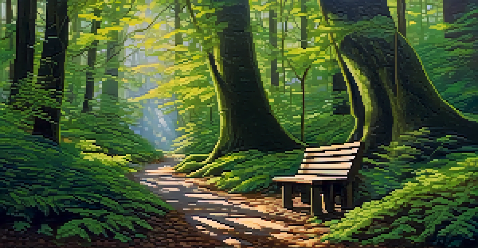 A forest path with tall trees and dappled sunlight.