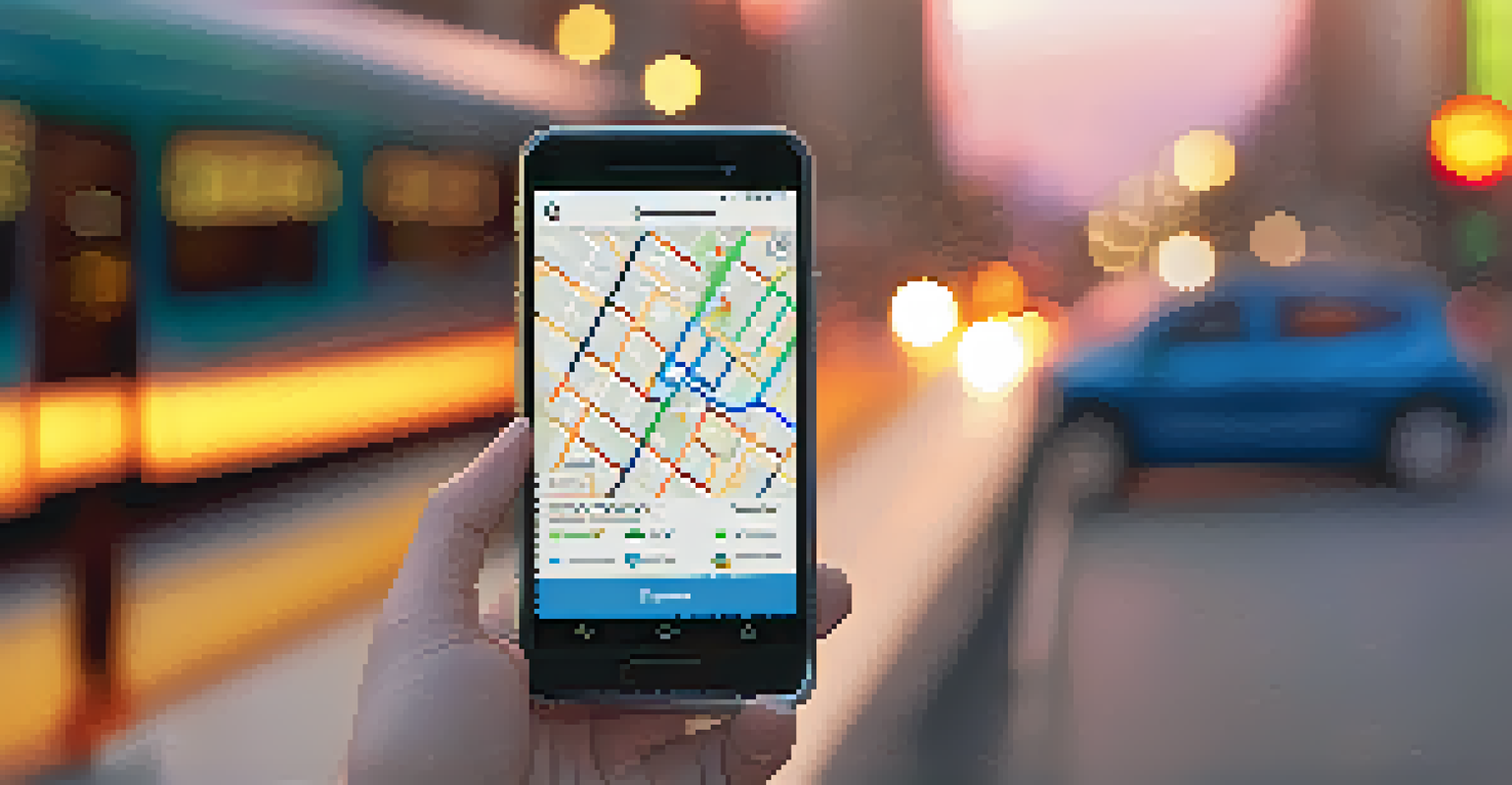 A close-up of a smartphone showing a public transportation app, with a blurred urban background and sunset lighting.
