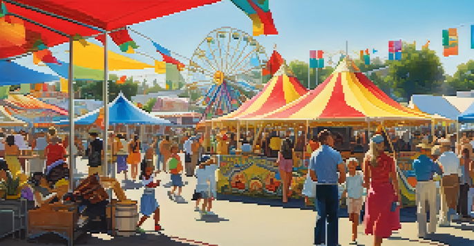 A lively scene of the LA County Fair with a diverse crowd enjoying cultural exhibits and performances, colorful tents, and families engaging in activities.