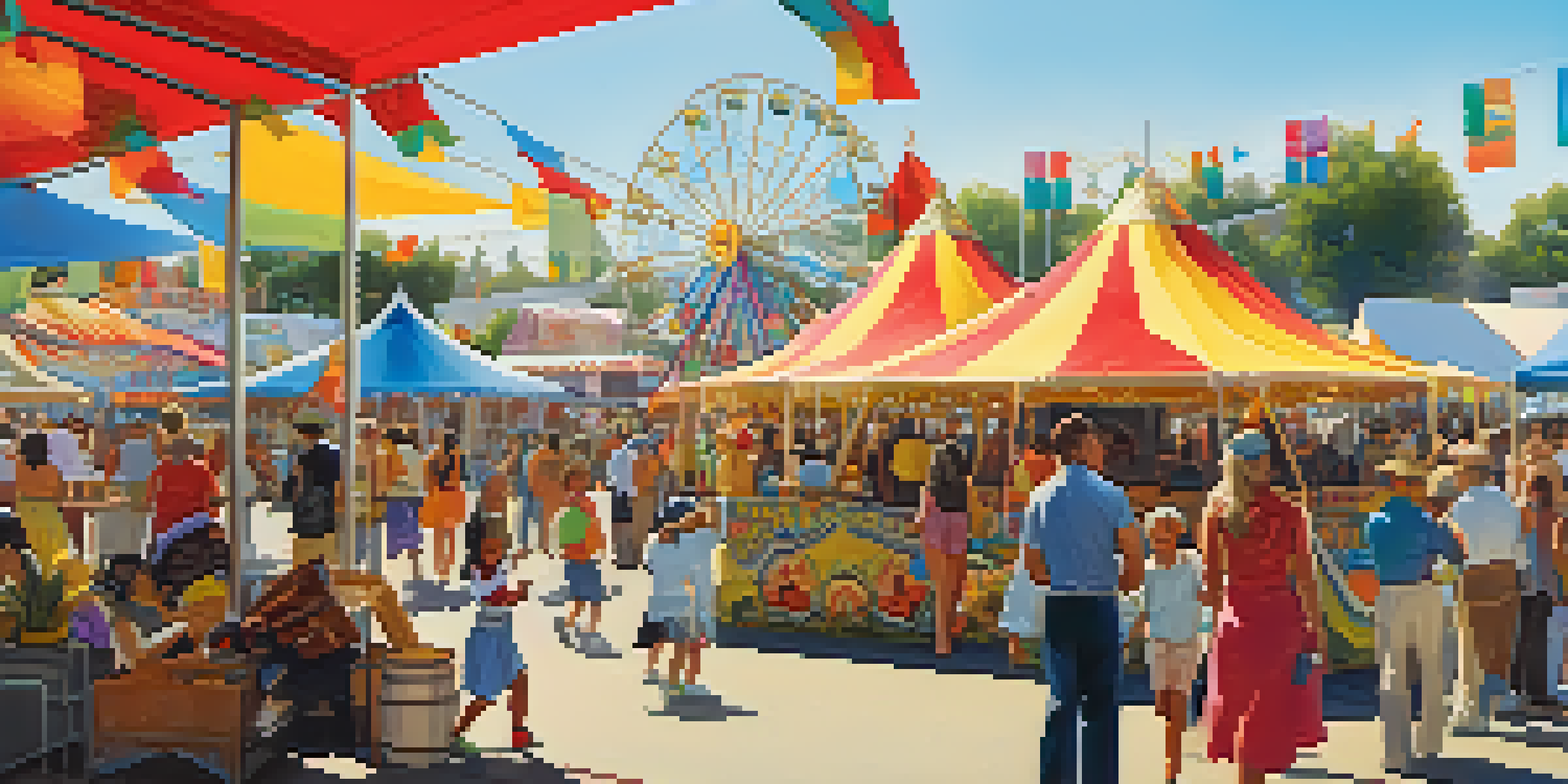 A lively scene of the LA County Fair with a diverse crowd enjoying cultural exhibits and performances, colorful tents, and families engaging in activities.