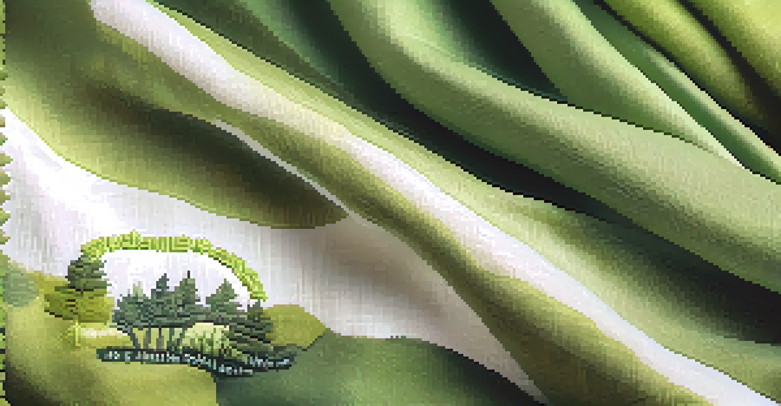 A close-up of a sustainable fashion label on a garment, set against a blurred natural landscape background, promoting eco-friendly practices.
