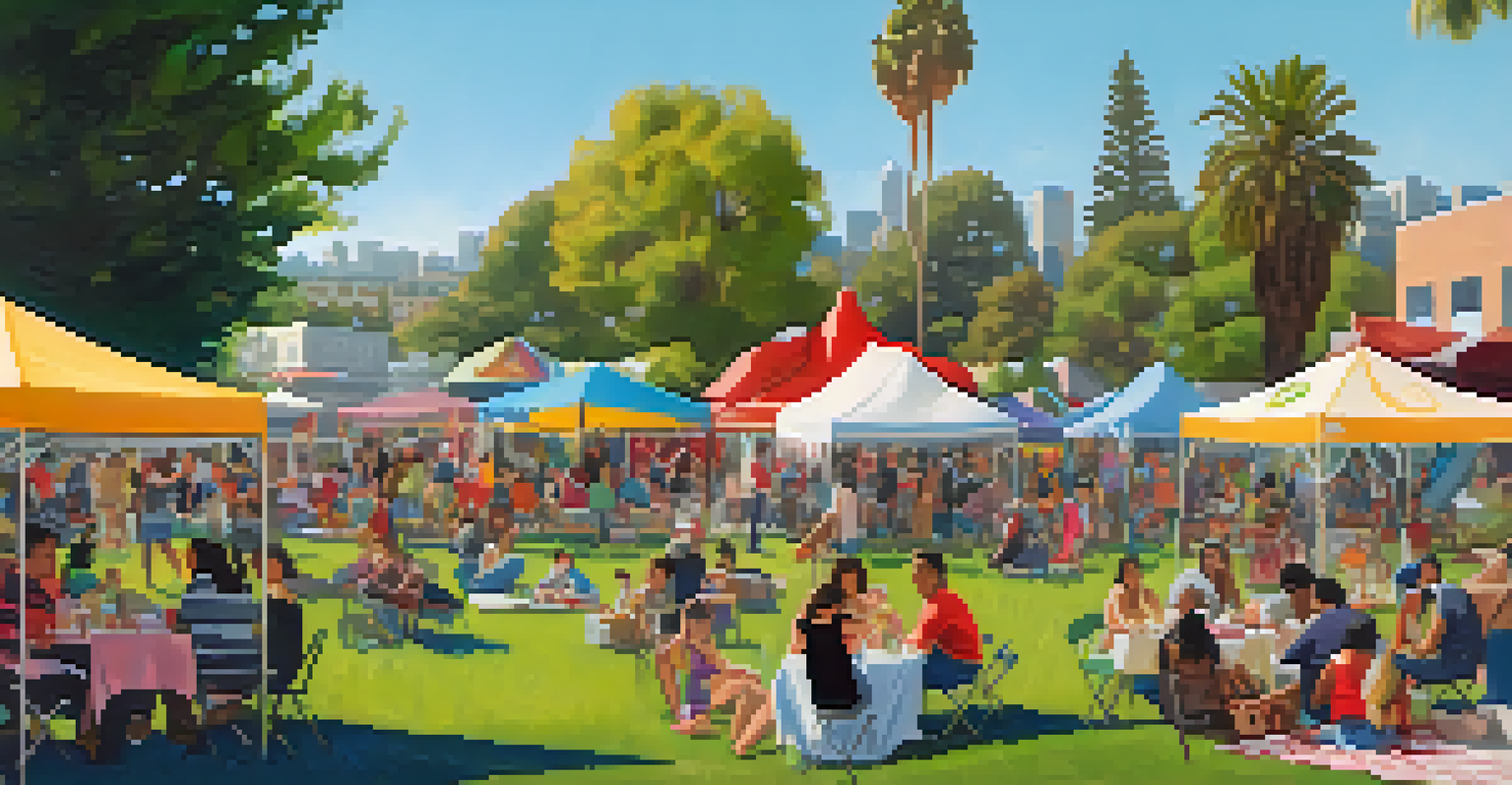 A vibrant festival in Echo Park with families, artists, and musicians creating a lively atmosphere.