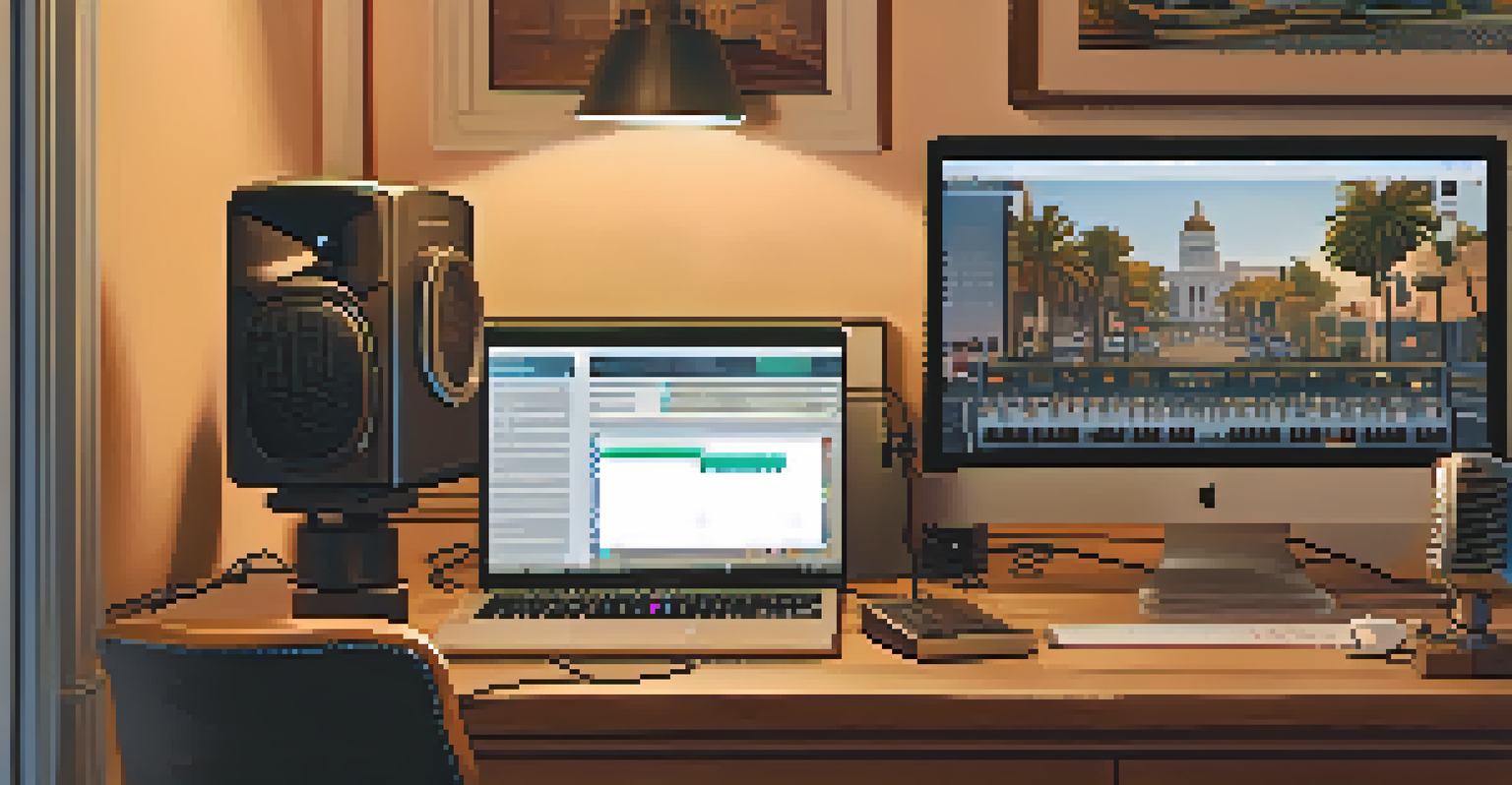 A cozy podcast recording environment with a vintage microphone, headphones, and decorated with framed photos of LA landmarks, illuminated by warm lighting.