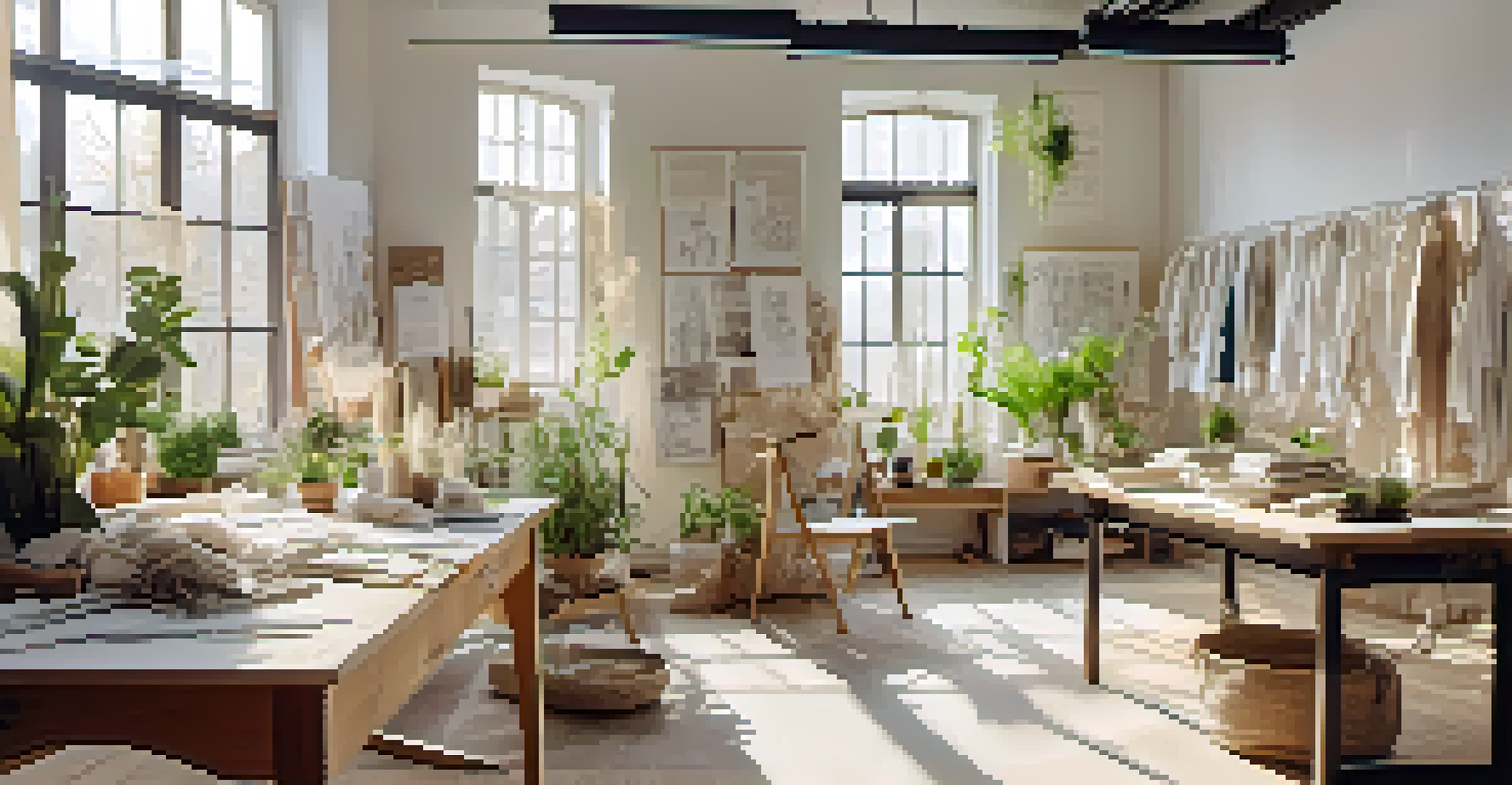 A bright and airy workspace of an eco-friendly fashion designer showcasing organic materials and sustainable garments with natural light.