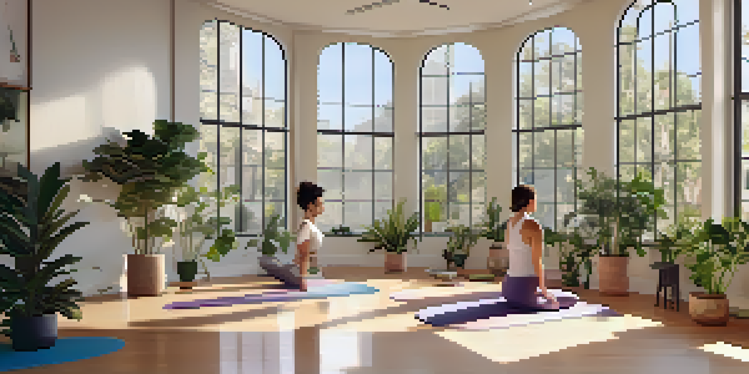 A bright and peaceful yoga studio with people practicing yoga in a circle, surrounded by greenery.