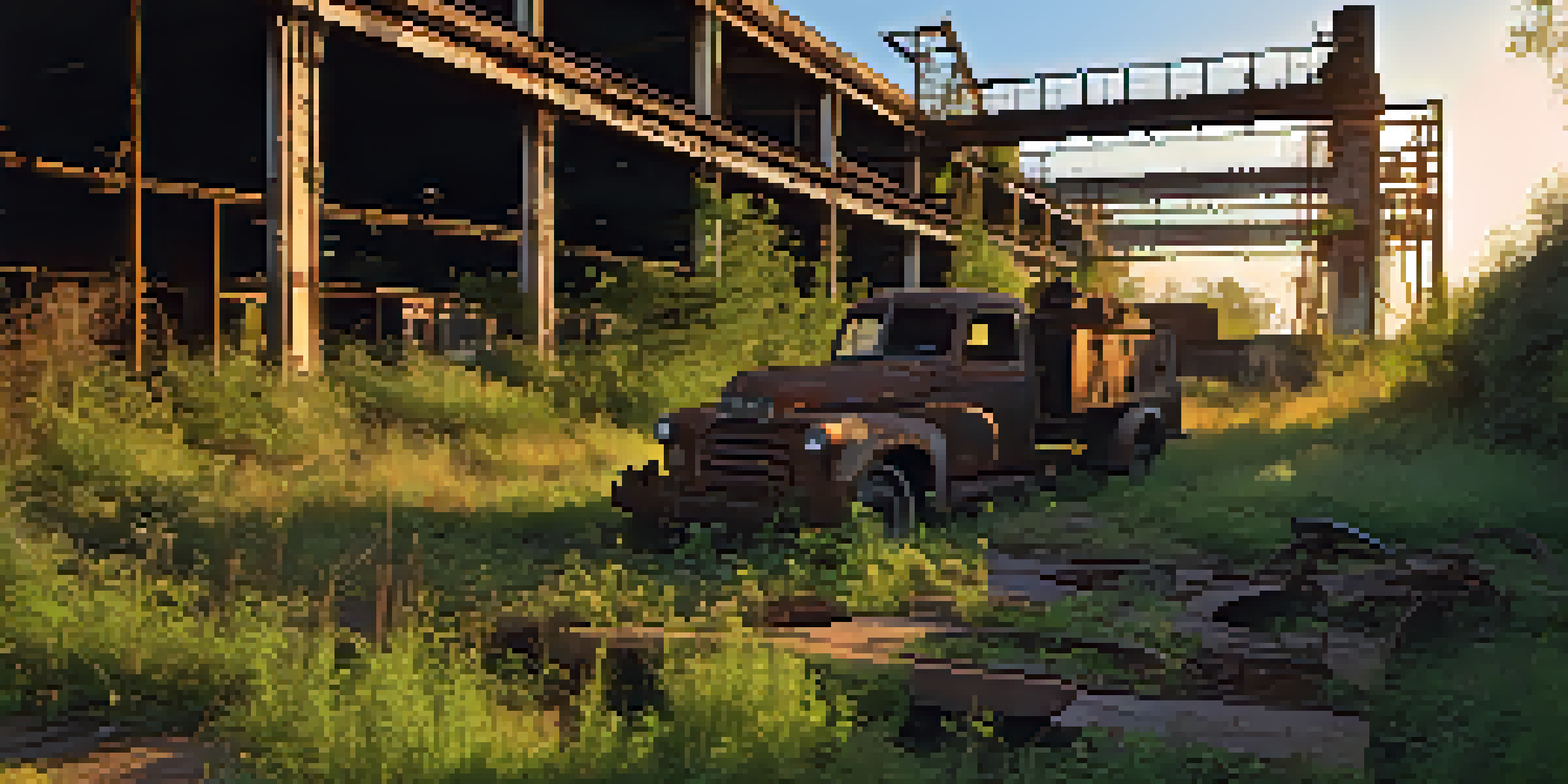 A wide view of an abandoned factory with peeling paint and rusted machinery, illuminated by warm sunlight and surrounded by overgrown weeds.