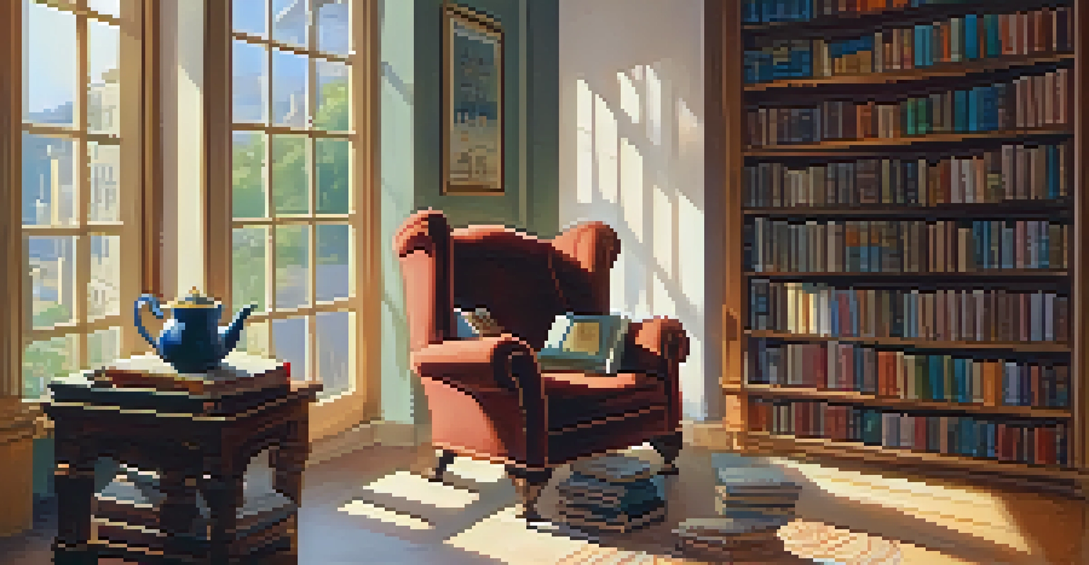A reading nook with a diverse bookshelf and a cozy armchair, bathed in warm sunlight.