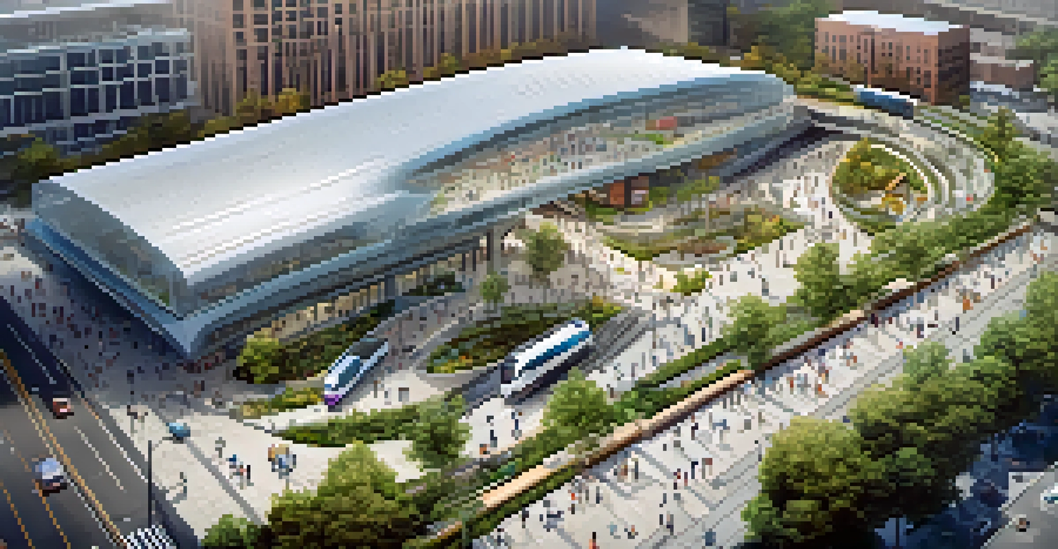 An aerial view of a transportation hub with bike lanes, walkways, and a subway station, bustling with commuters.