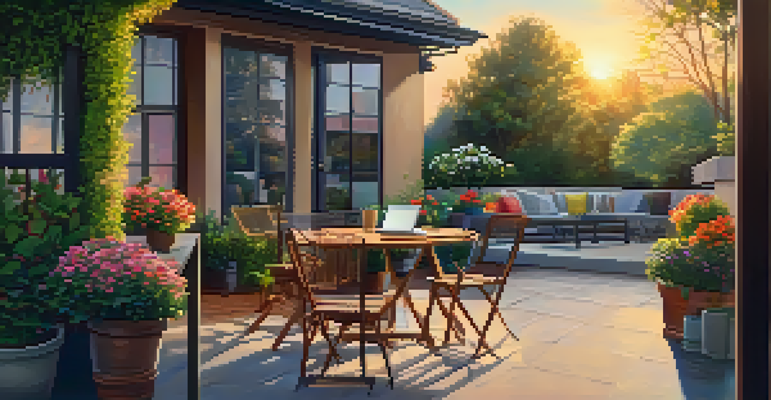 An outdoor workspace with a laptop and coffee on a patio, surrounded by flowers and a sunset.