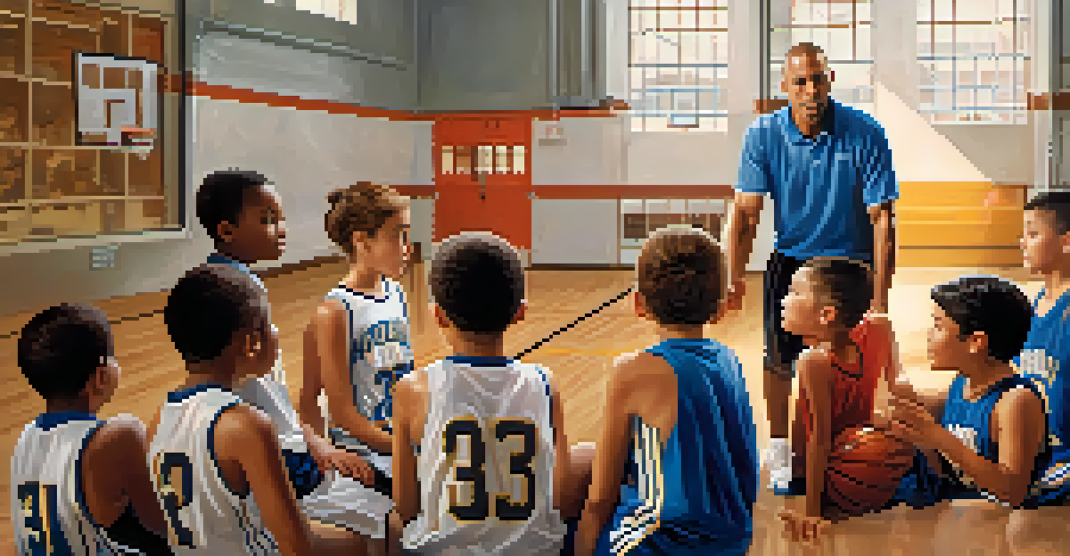 A youth basketball coach giving instructions to young players in a gymnasium filled with bright lights.