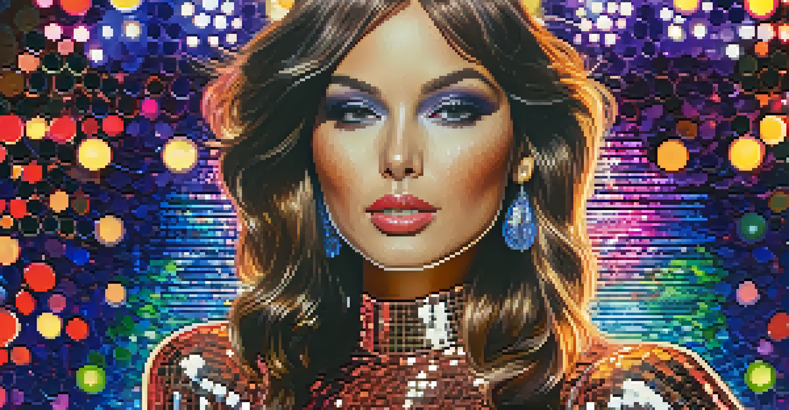A close-up of a sparkling disco outfit with sequins and platform shoes against a shimmering background.